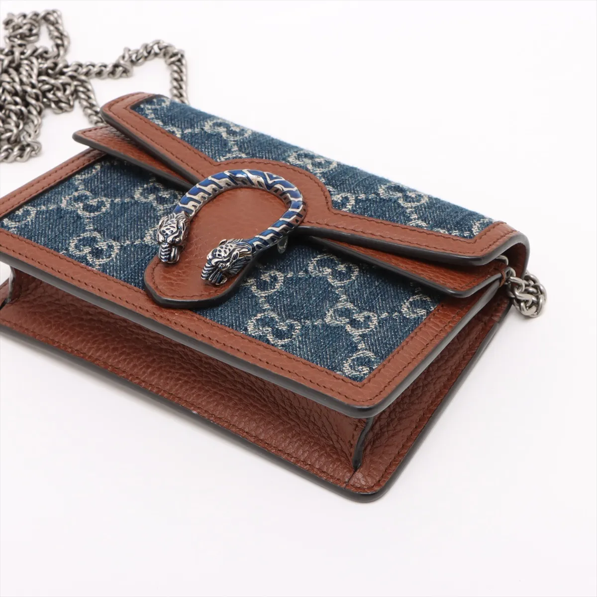 GG Denim Dionysus Denim x Leather Chain Shoulder Bag Navy x Brown 476432 — view 3
