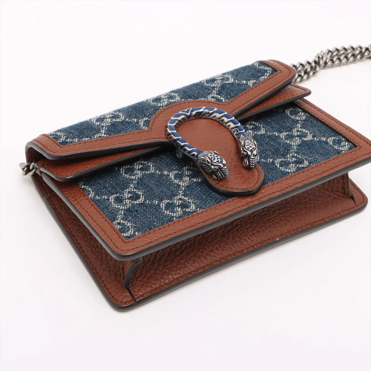 GG Denim Dionysus Denim x Leather Chain Shoulder Bag Navy x Brown 476432 — view 4