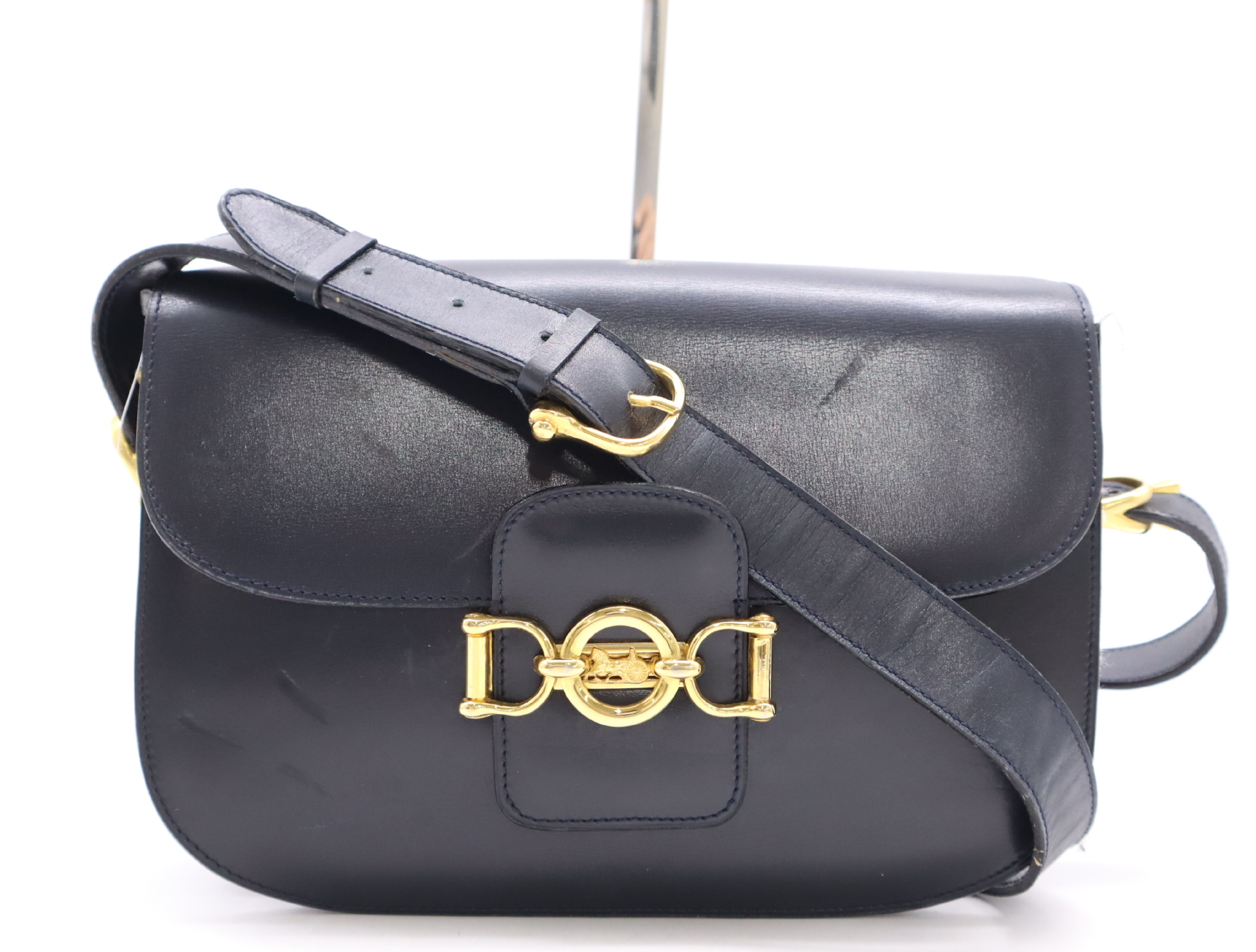 Leather Horsebit Shoulder Bag Black GD Metal Fittings Shoulder Bag