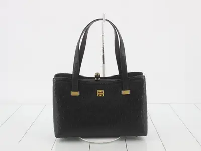 Black ostrich leather handbag with clasp closure.