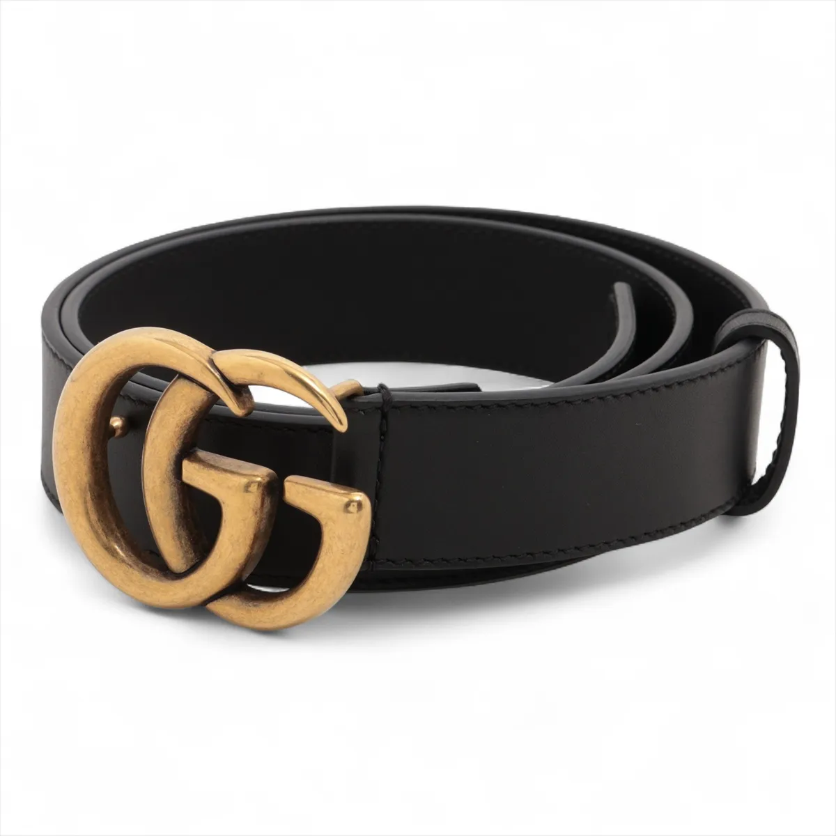 414516 GG Marmont Belt, size 75, GP x Leather, Black x Gold. Shows signs of wear, including