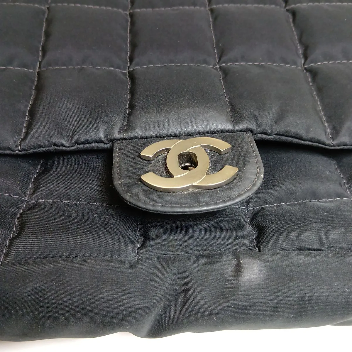 Chocolate Bar Nylon x Leather Single Flap Double Chain Bag, Black with Silver Hardware, Item No. 7818559 (Serial No. 7) — view 11