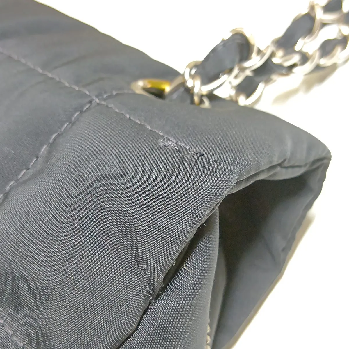 Chocolate Bar Nylon x Leather Single Flap Double Chain Bag, Black with Silver Hardware, Item No. 7818559 (Serial No. 7) — view 13