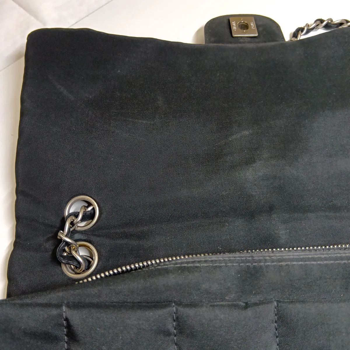 Chocolate Bar Nylon x Leather Single Flap Double Chain Bag, Black with Silver Hardware, Item No. 7818559 (Serial No. 7) — view 14