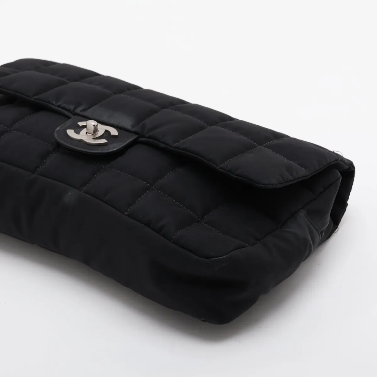 Chocolate Bar Nylon x Leather Single Flap Double Chain Bag, Black with Silver Hardware, Item No. 7818559 (Serial No. 7) — view 3