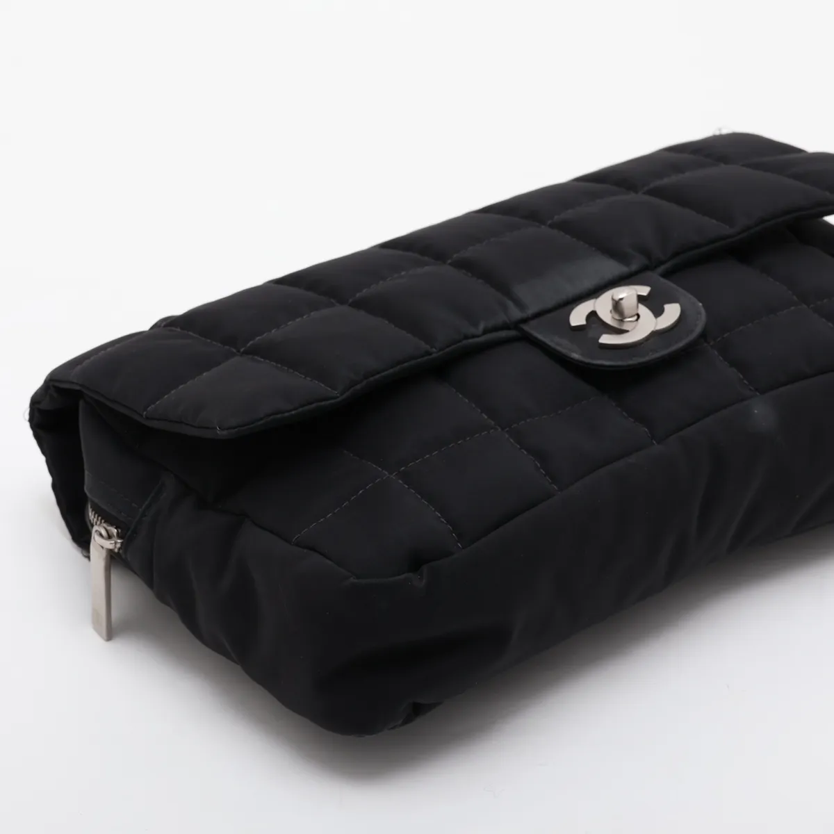 Chocolate Bar Nylon x Leather Single Flap Double Chain Bag, Black with Silver Hardware, Item No. 7818559 (Serial No. 7) — view 4