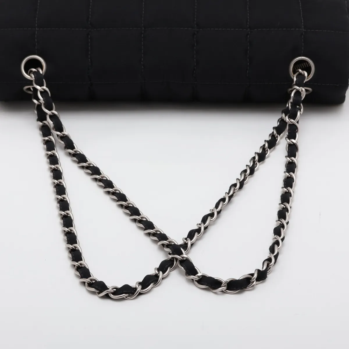 Chocolate Bar Nylon x Leather Single Flap Double Chain Bag, Black with Silver Hardware, Item No. 7818559 (Serial No. 7) — view 5