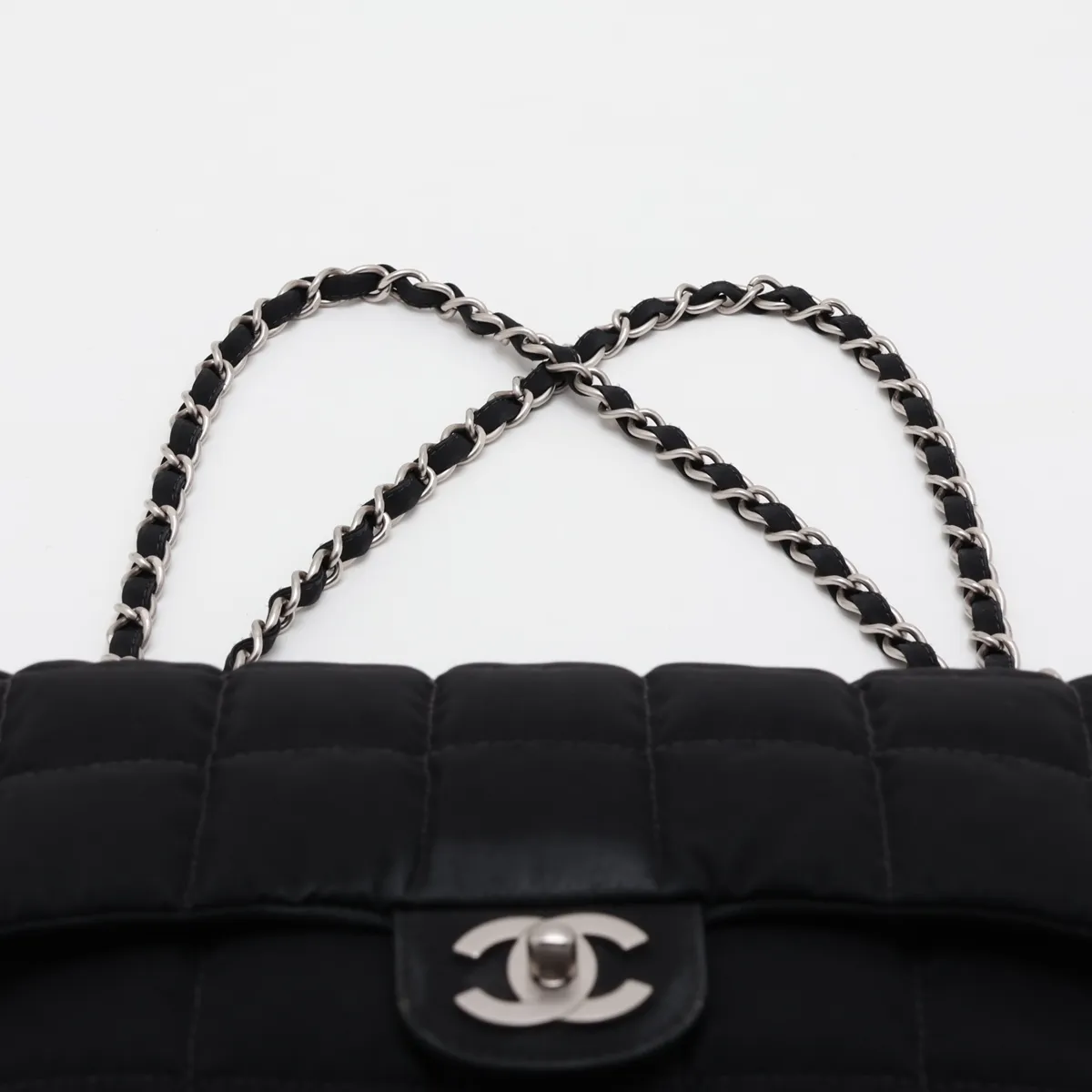 Chocolate Bar Nylon x Leather Single Flap Double Chain Bag, Black with Silver Hardware, Item No. 7818559 (Serial No. 7) — view 6
