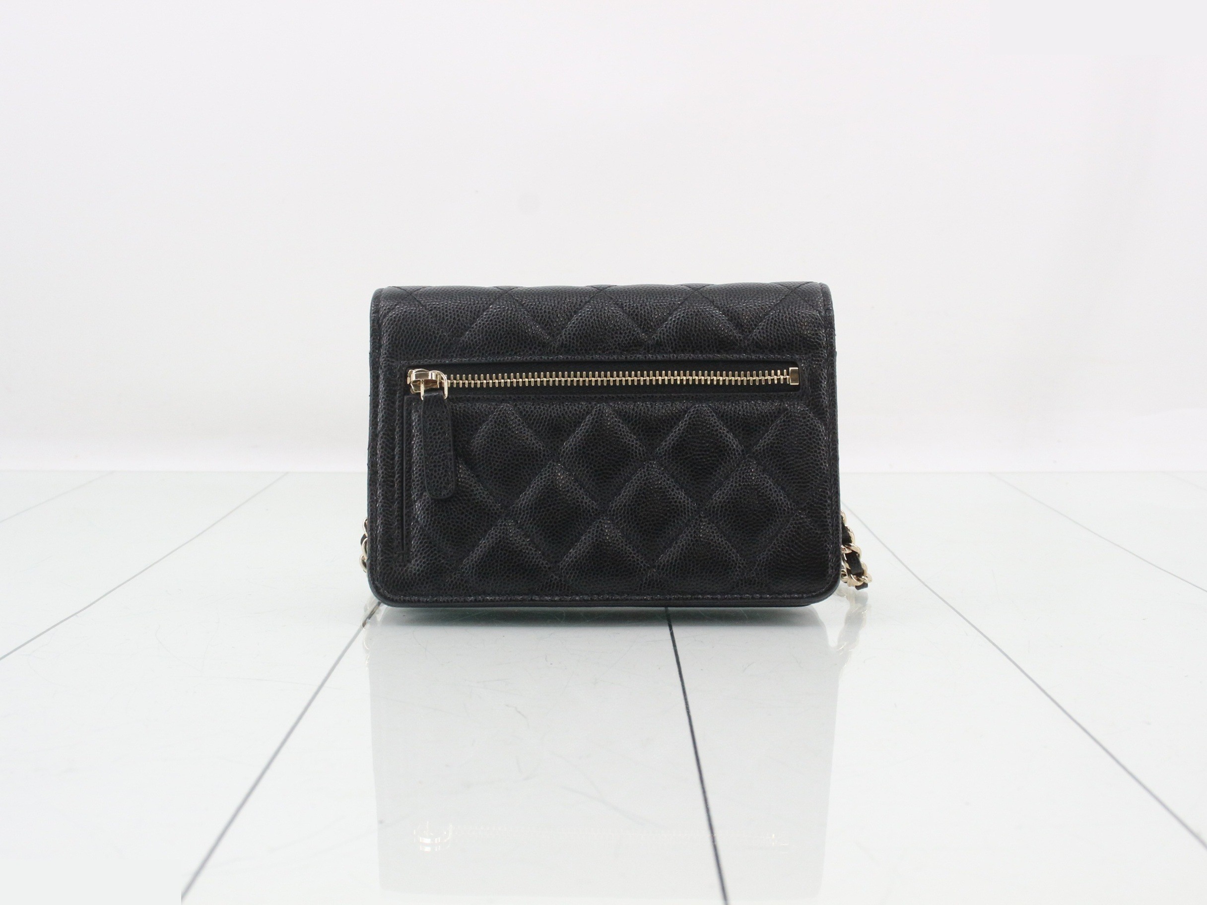 Caviar leather chain wallet, matelassé, black shoulder bag — view 2