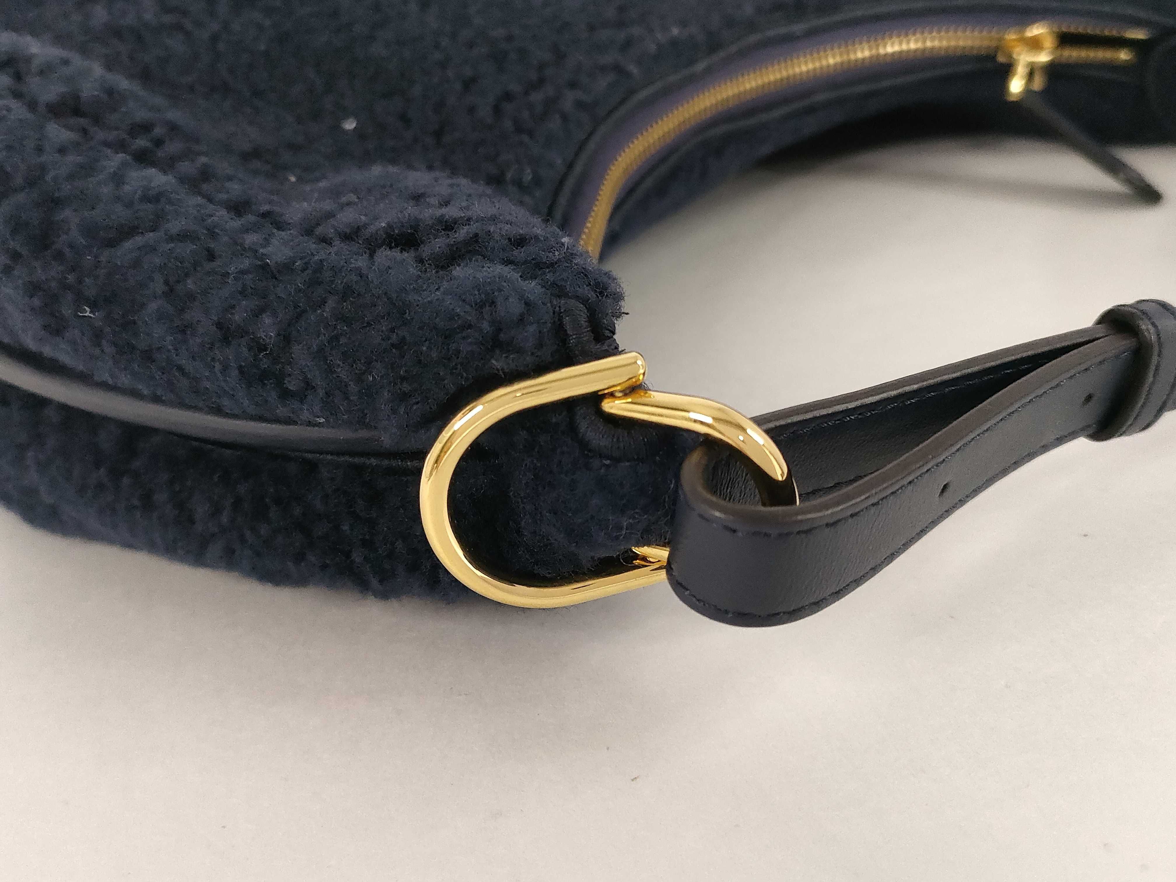 Shearling Hobo Bag with Metal Logo, Navy, One-Shoulder Bag, Shoulder Bag, Handbag — view 5