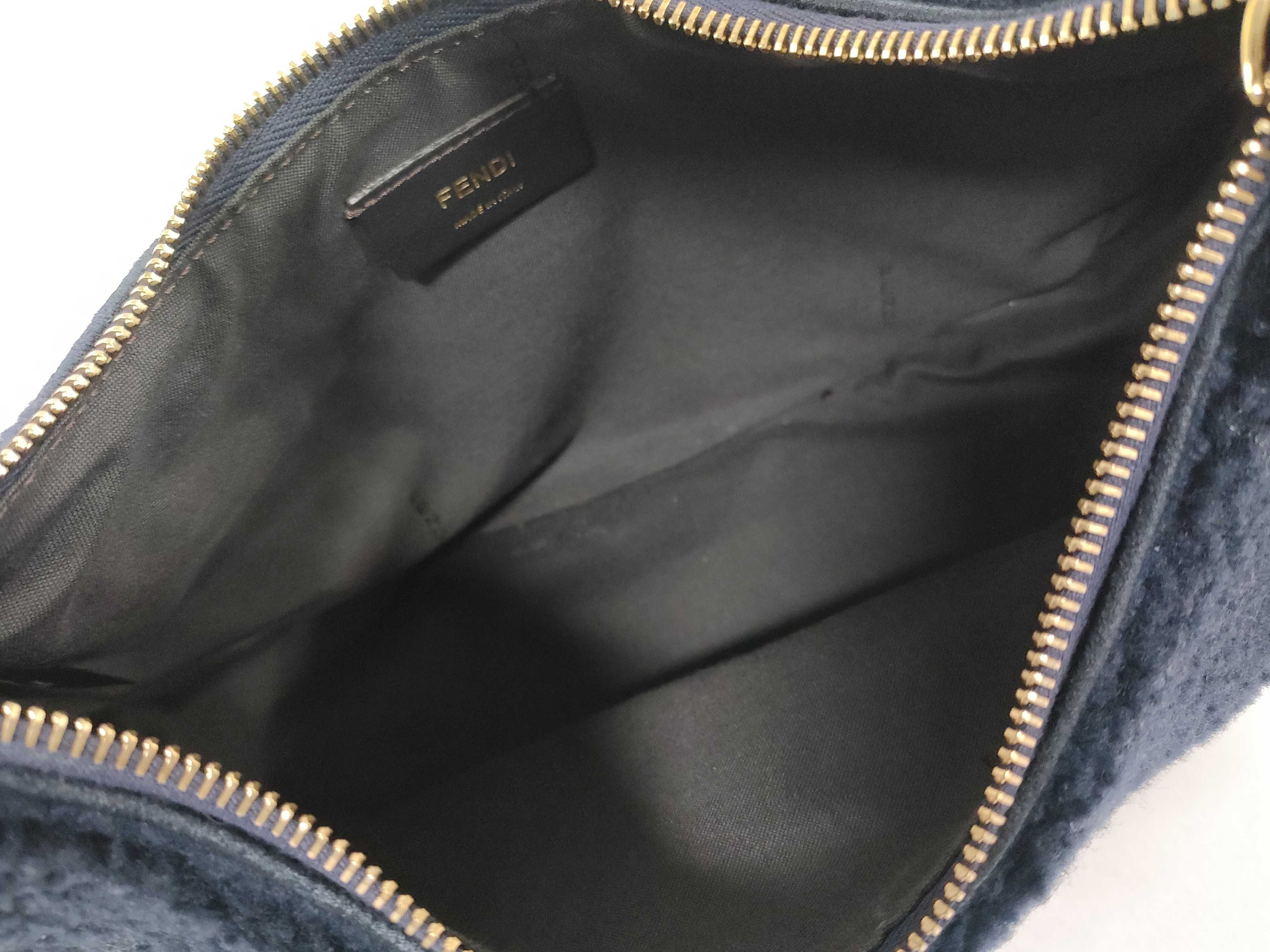 Shearling Hobo Bag with Metal Logo, Navy, One-Shoulder Bag, Shoulder Bag, Handbag — view 9