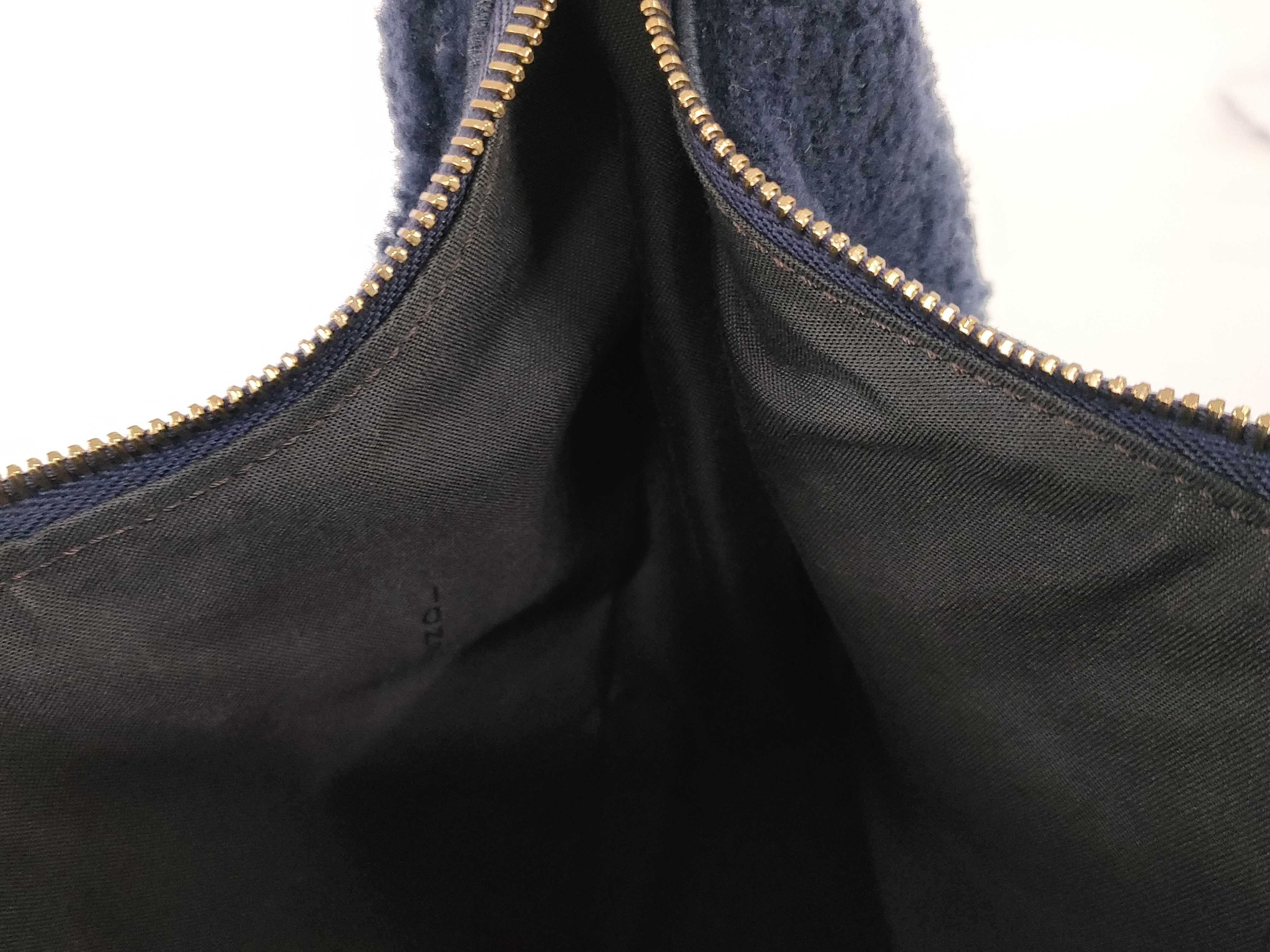Shearling Hobo Bag with Metal Logo, Navy, One-Shoulder Bag, Shoulder Bag, Handbag — view 10