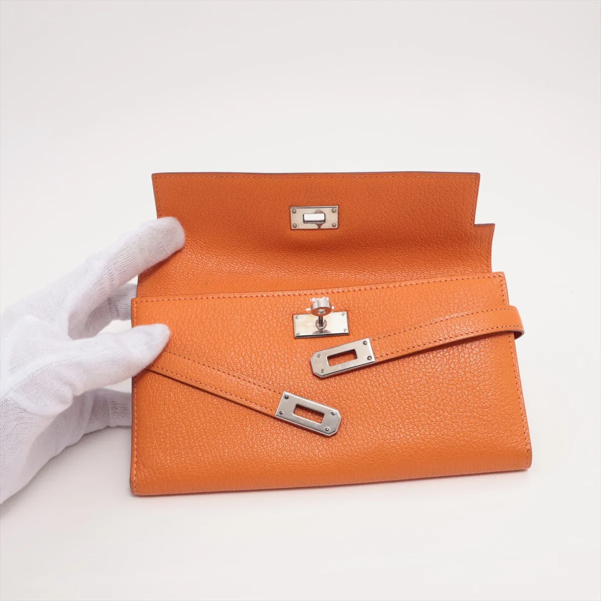 Kelly Wallet Chevre Misor Long Wallet Orange Silver Hardware L:2008 — view 3