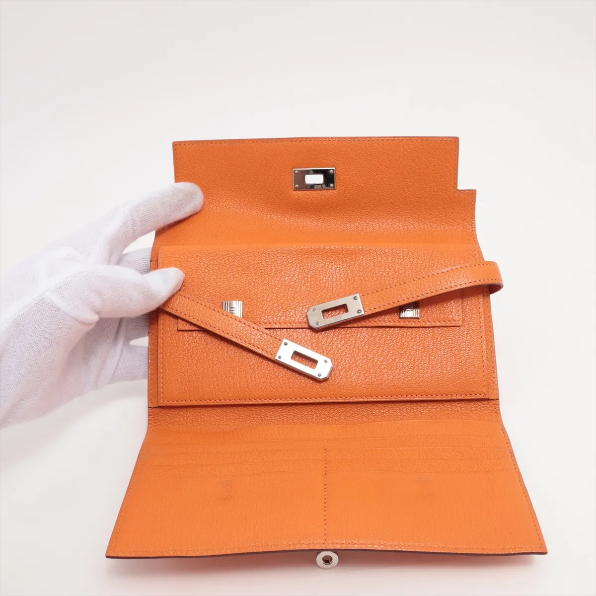 Kelly Wallet Chevre Misor Long Wallet Orange Silver Hardware L:2008 — view 4