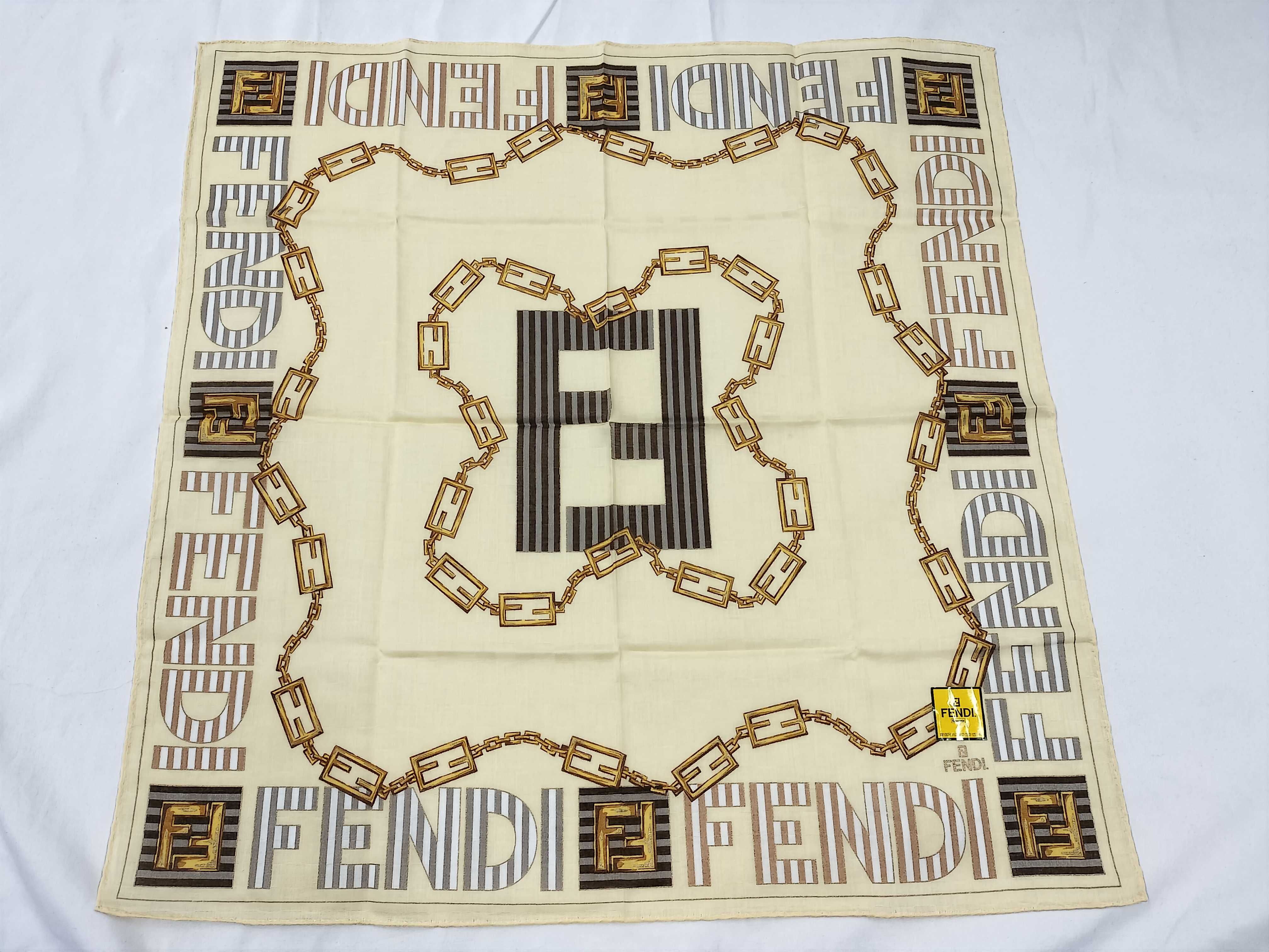 Zucca pattern Fendi handkerchief scarf with sticker, border logo FF chain, Zucca stripe, and other accessories