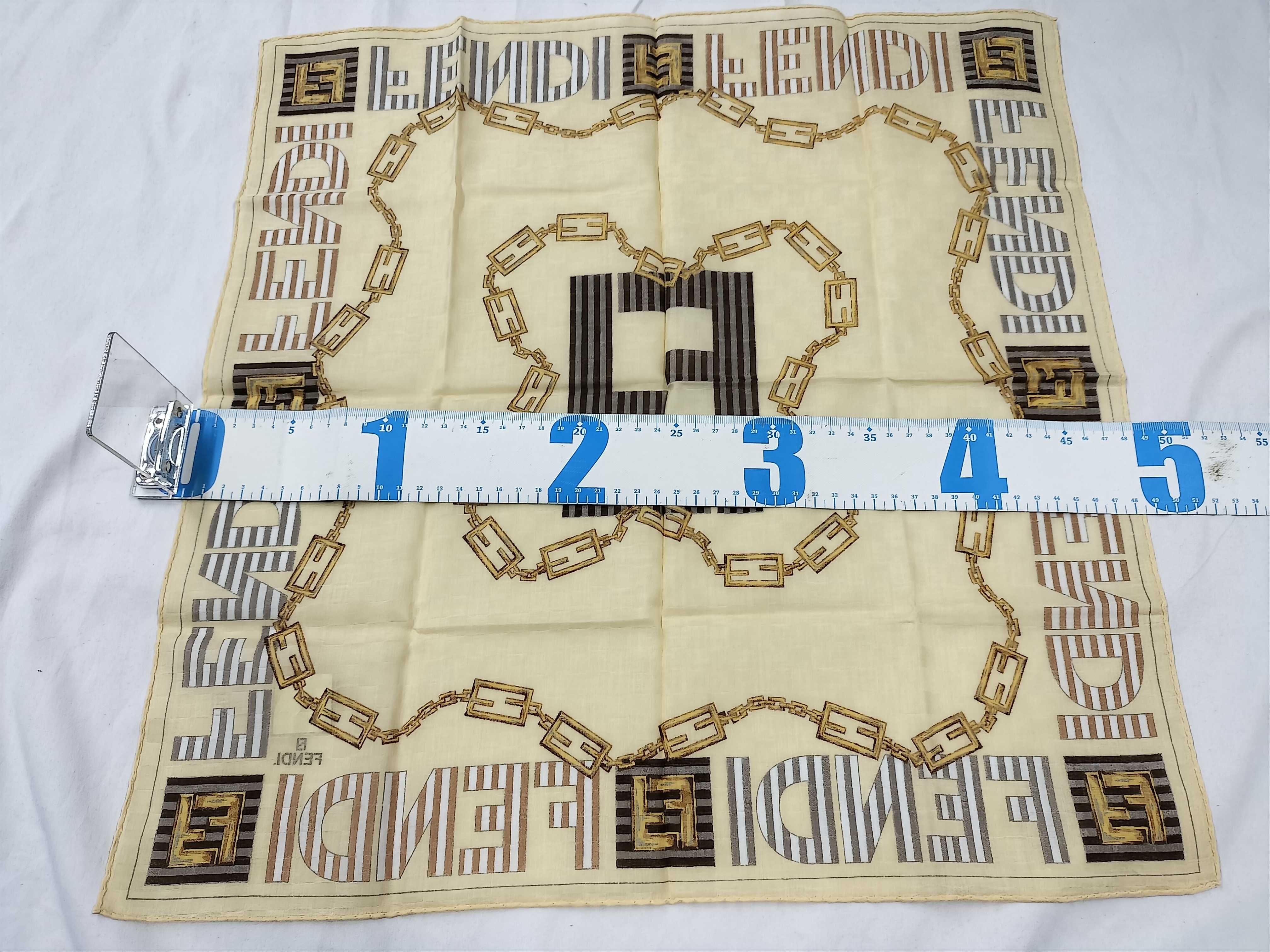 Zucca pattern Fendi handkerchief scarf with sticker, border logo FF chain, Zucca stripe, and other accessories — view 2