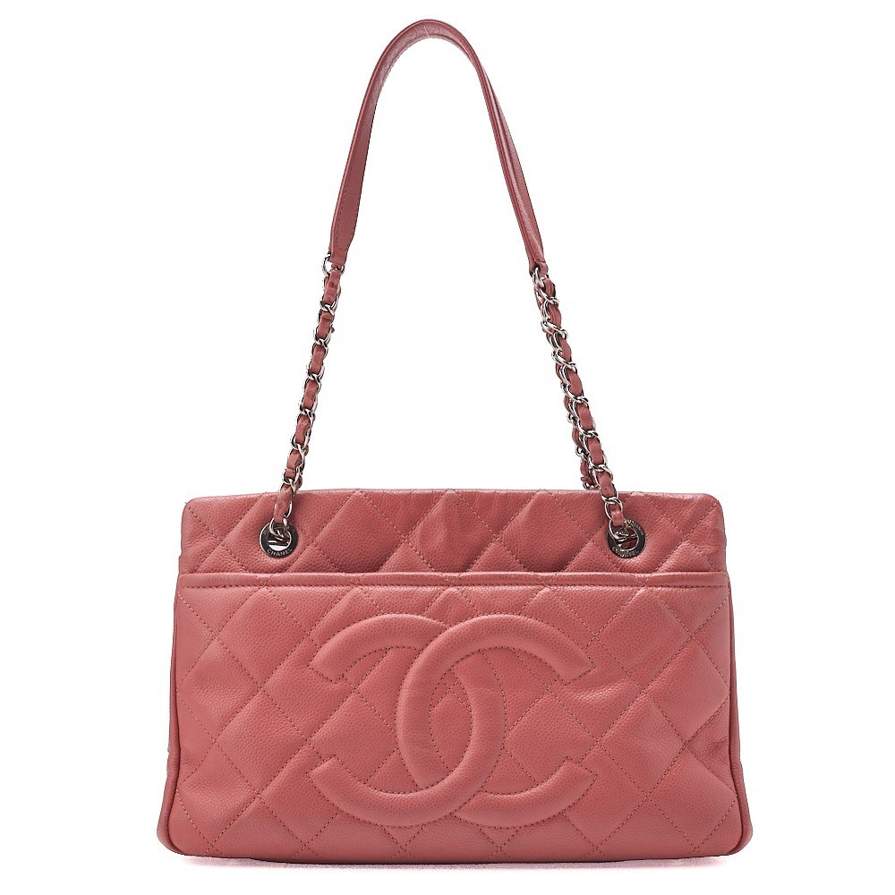 Caviar leather, large Coco logo, chain shoulder bag, pink, silver hardware.