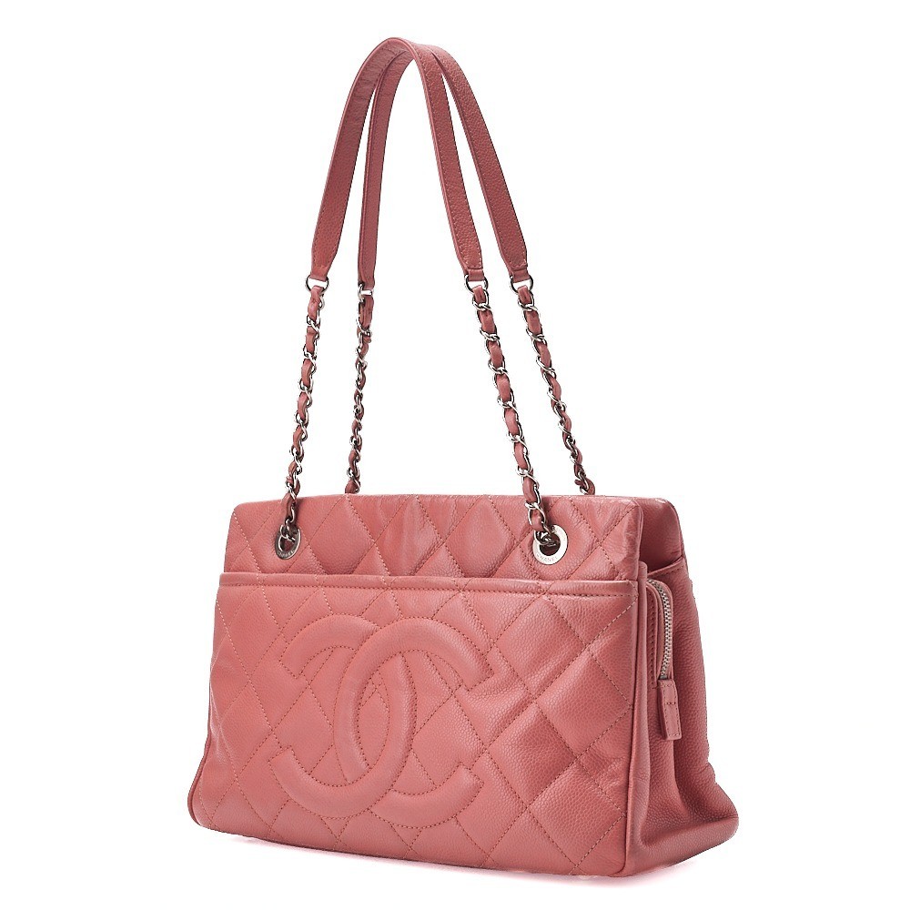 Caviar leather, large Coco logo, chain shoulder bag, pink, silver hardware. — view 3