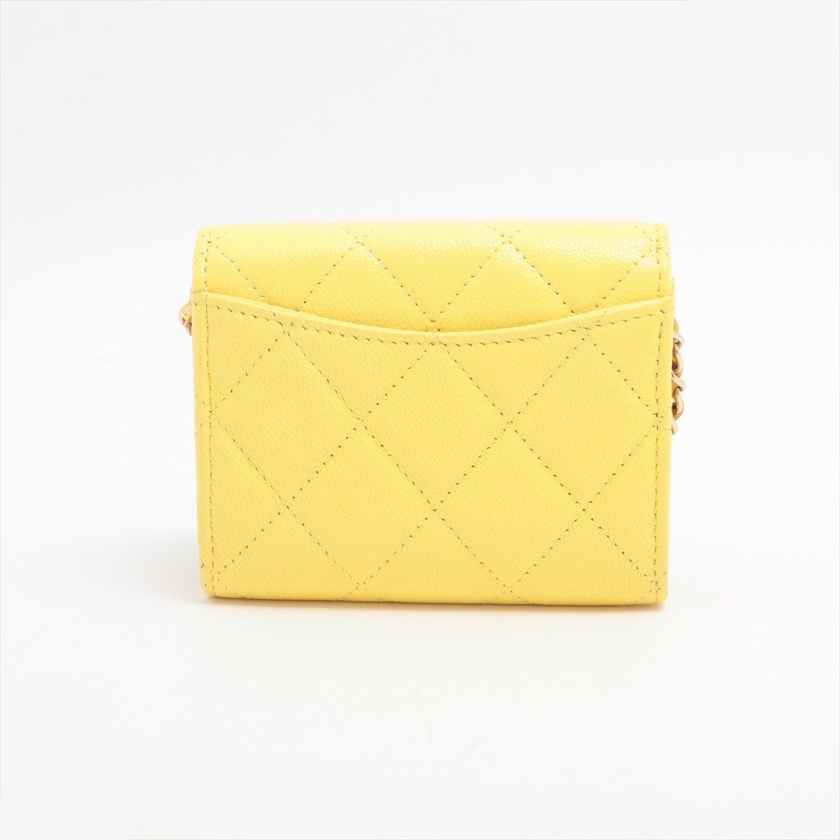 Matelassé Caviar Skin Coin Case Chain Wallet, Yellow — view 2