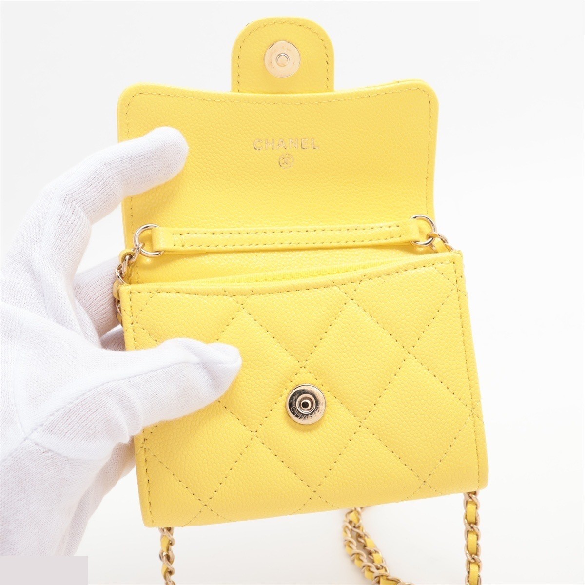 Matelassé Caviar Skin Coin Case Chain Wallet, Yellow — view 3