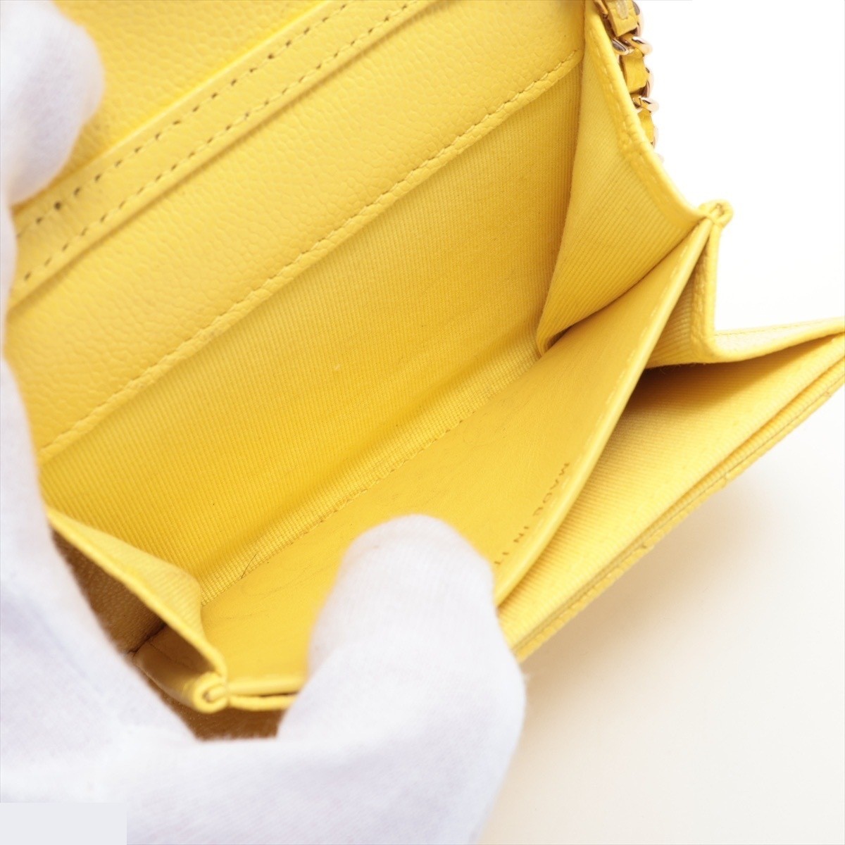 Matelassé Caviar Skin Coin Case Chain Wallet, Yellow — view 4