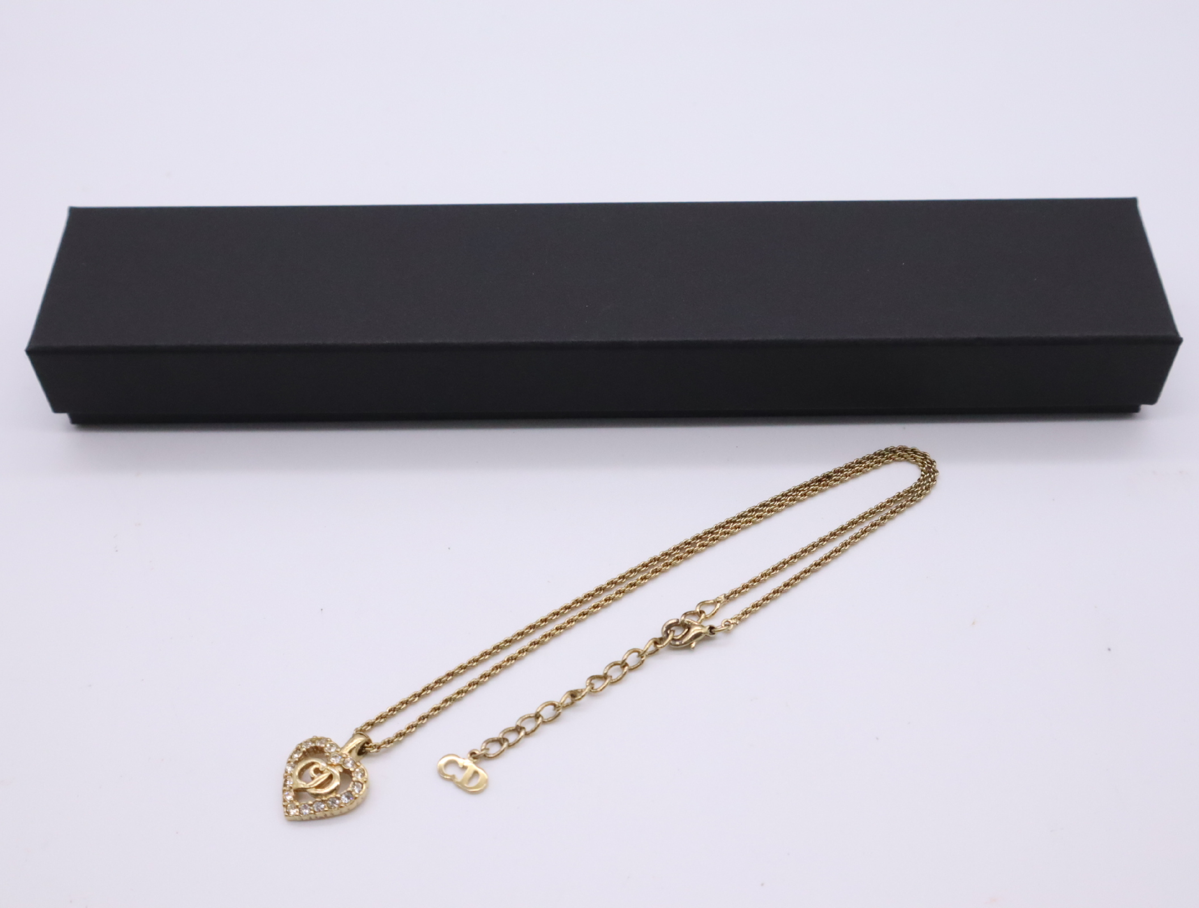 GPCD logo heart motif rhinestone necklace, with box.