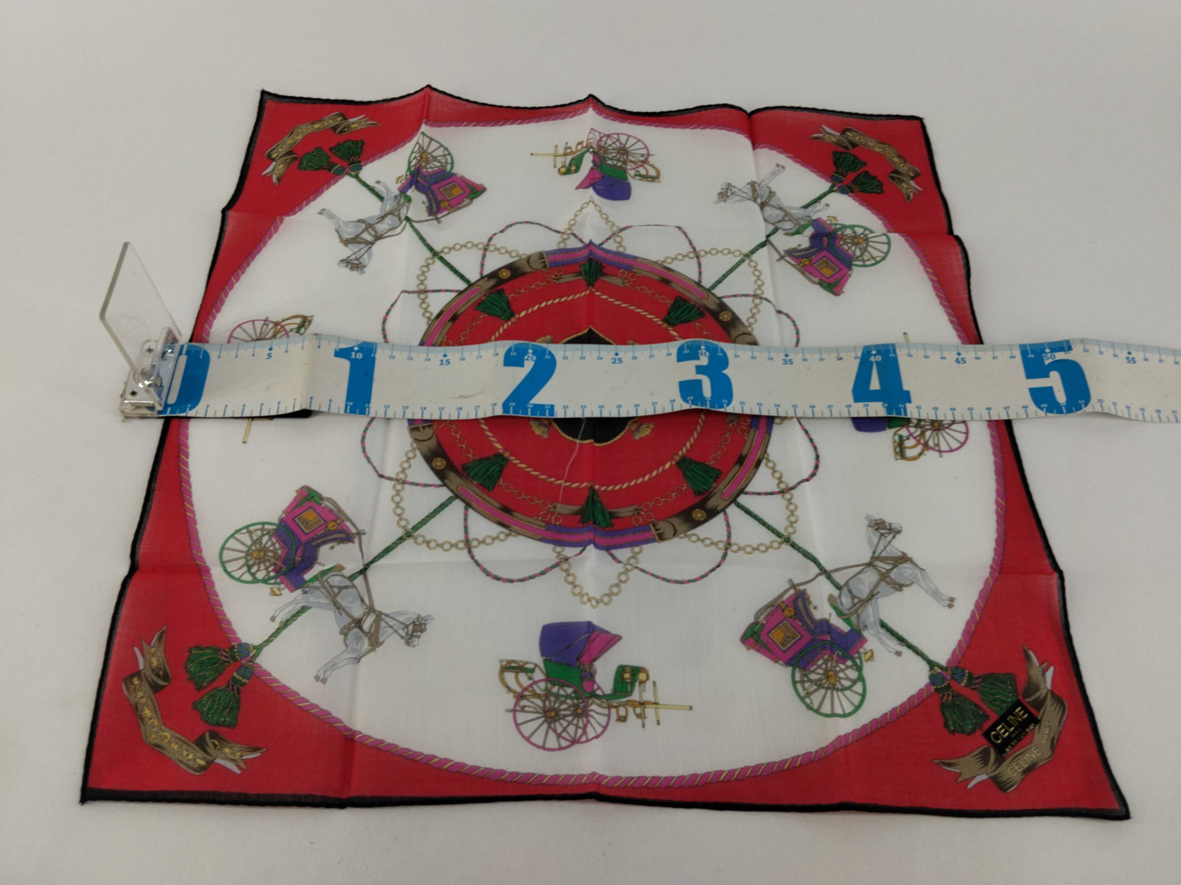 handkerchief scarf with sticker, logo, carriage pattern, red, tassel, and other accessories. — view 2