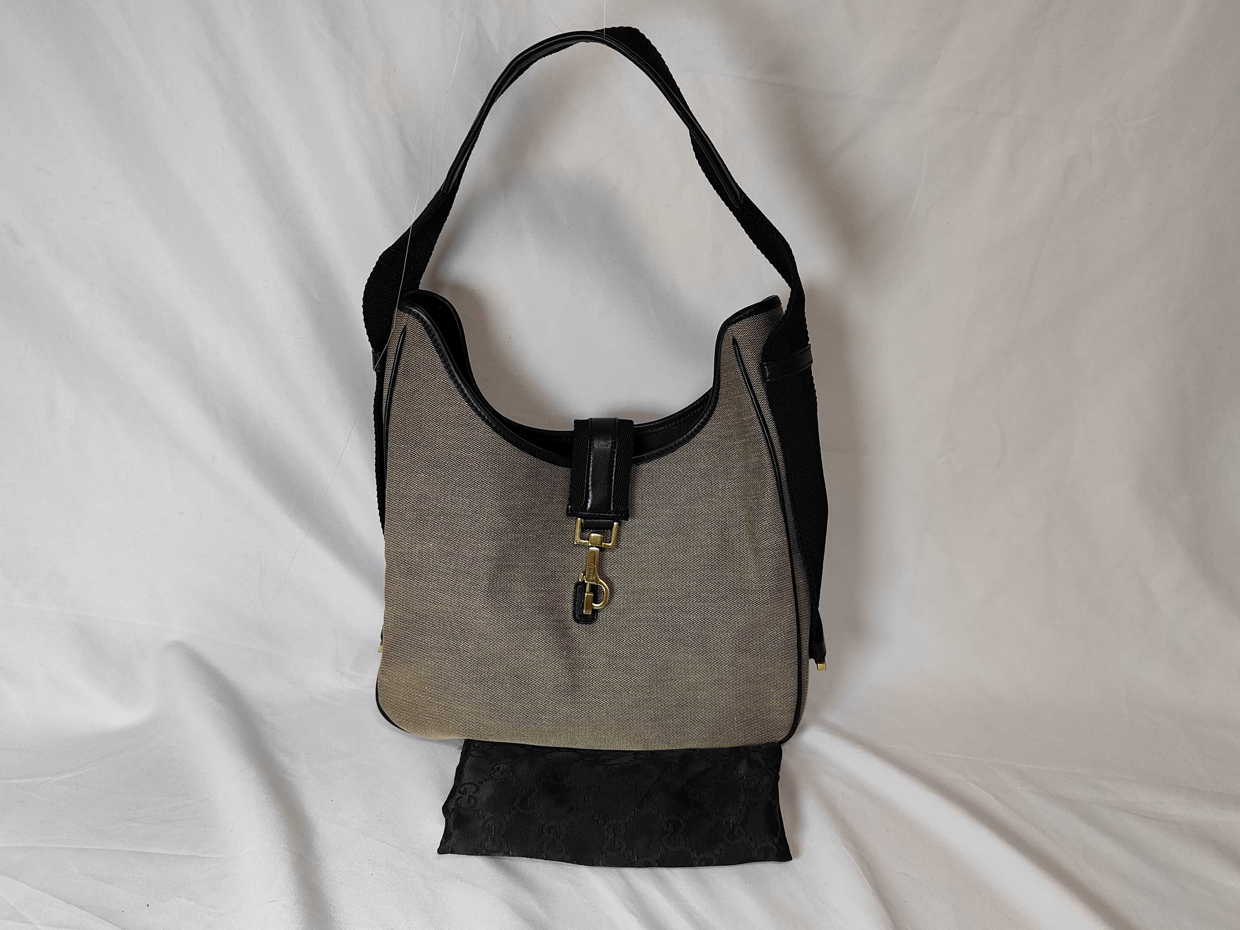 Jackie Shoulder Bag, Black x Beige Canvas x Leather, 92735 200047