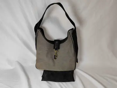 Jackie Shoulder Bag, Black x Beige Canvas x Leather, 92735 200047