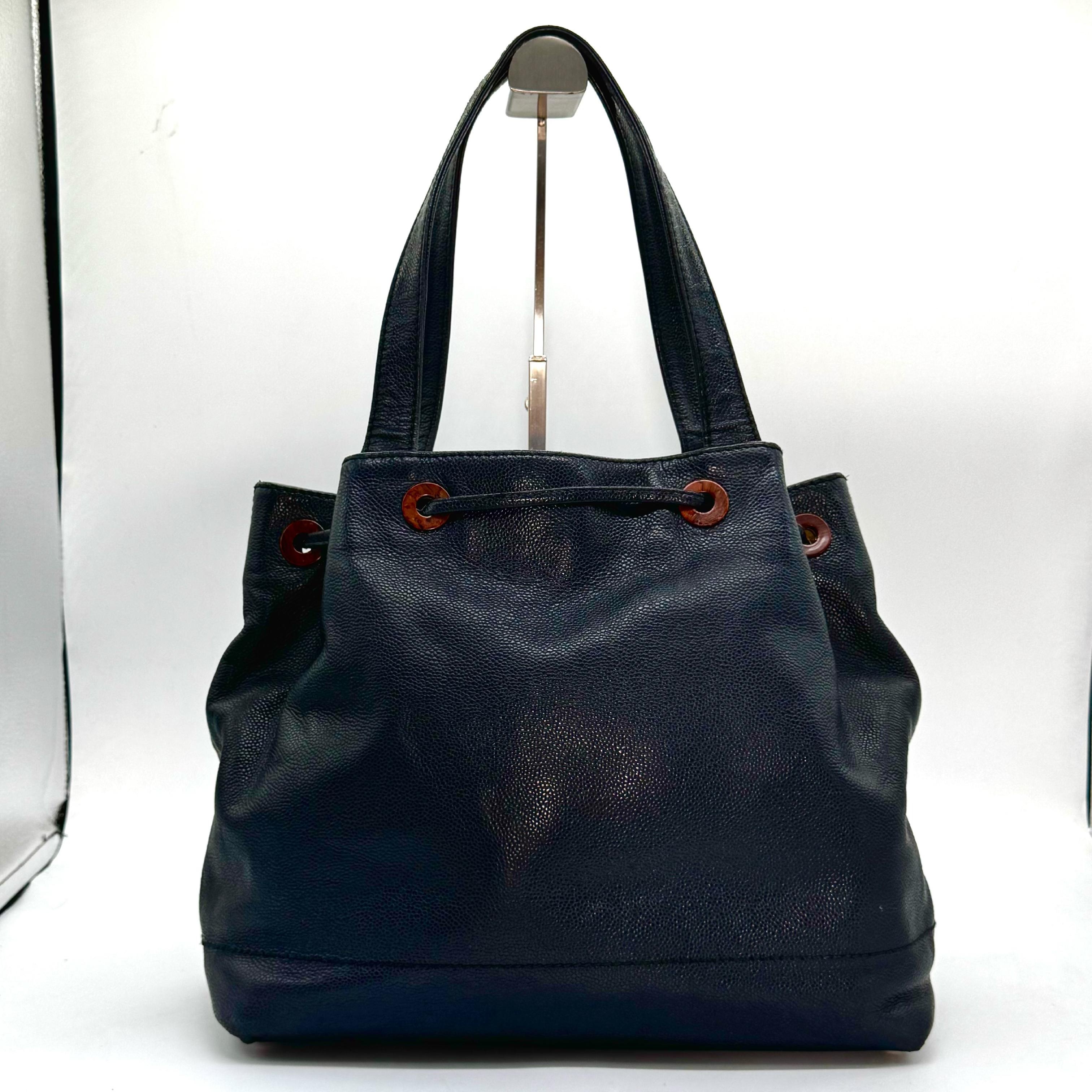 Coco Mark Caviar Skin Drawstring Tote Bag, Black, 11082538 Tote Bag — view 2