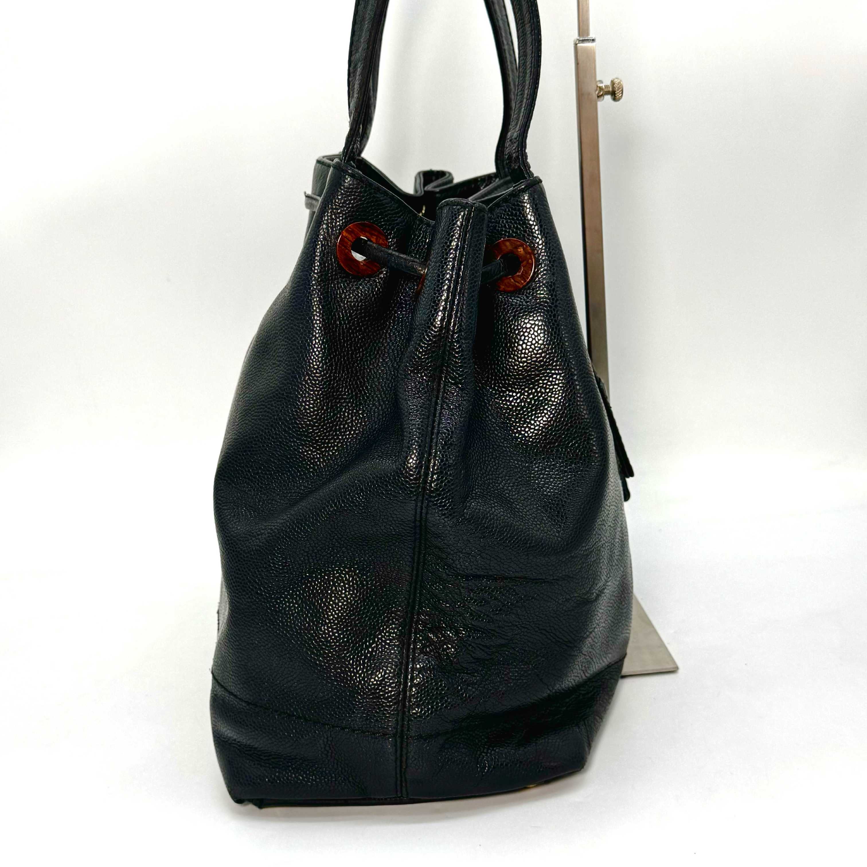 Coco Mark Caviar Skin Drawstring Tote Bag, Black, 11082538 Tote Bag — view 3