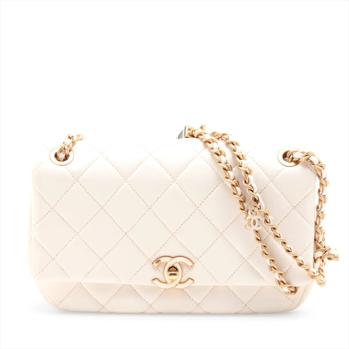 Matelassé Lambskin Single Flap Double Chain Bag, White with Gold Hardware, U86LX4TJ, Random Plate