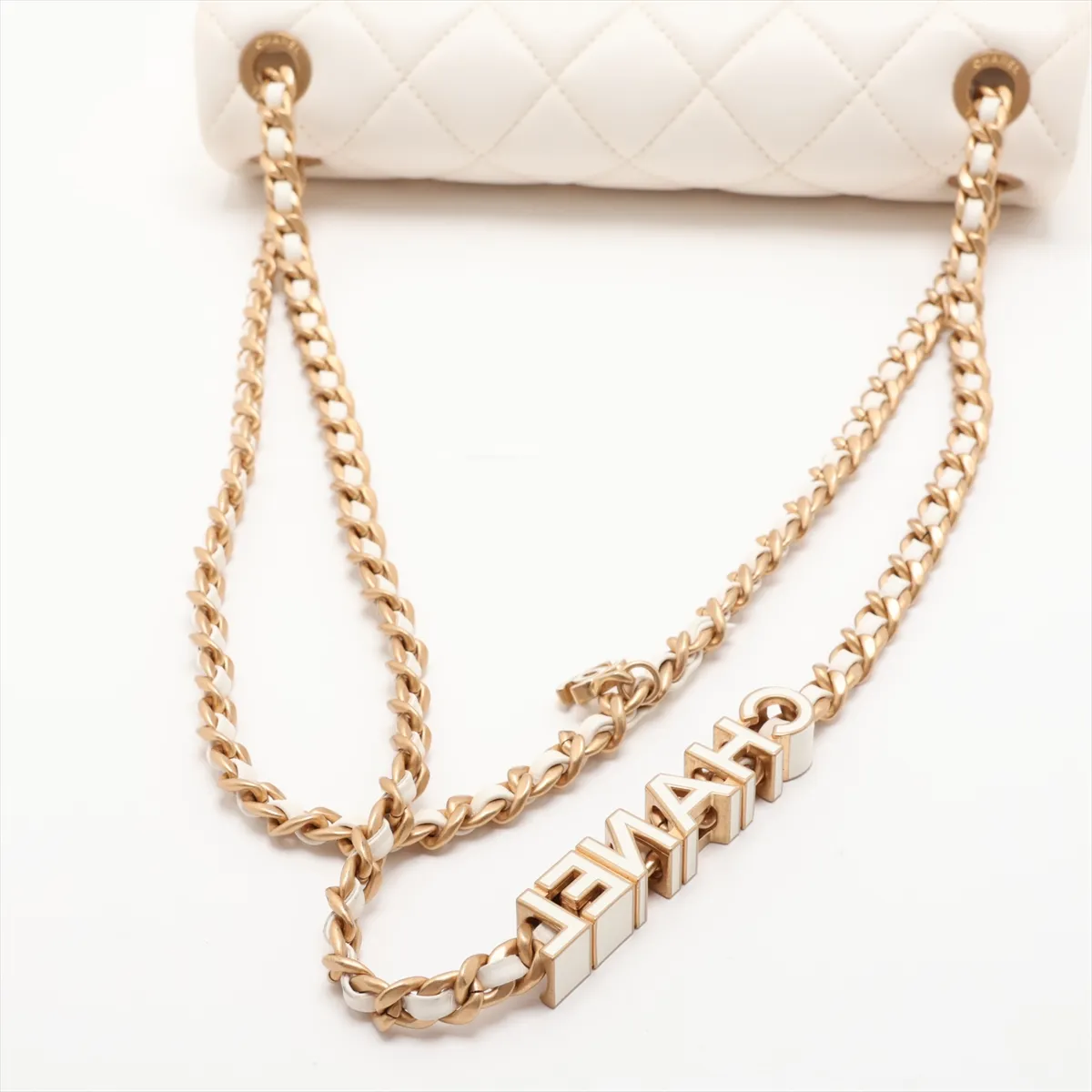 Matelassé Lambskin Single Flap Double Chain Bag, White with Gold Hardware, U86LX4TJ, Random Plate — view 5