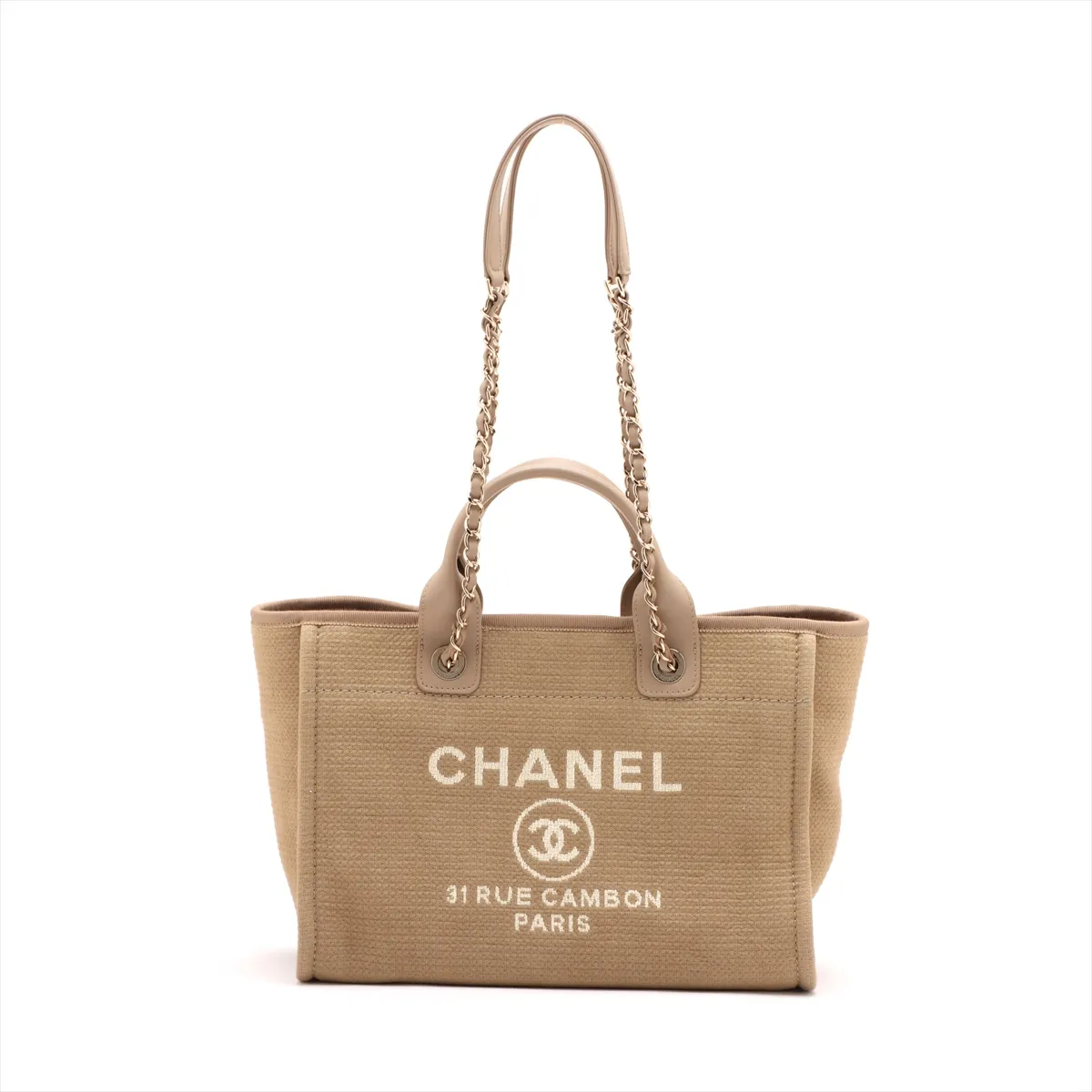 Deauville MM Canvas x Leather 2-Way Tote Bag, Beige, Gold Hardware, XCEEPAGJ, Random Plate