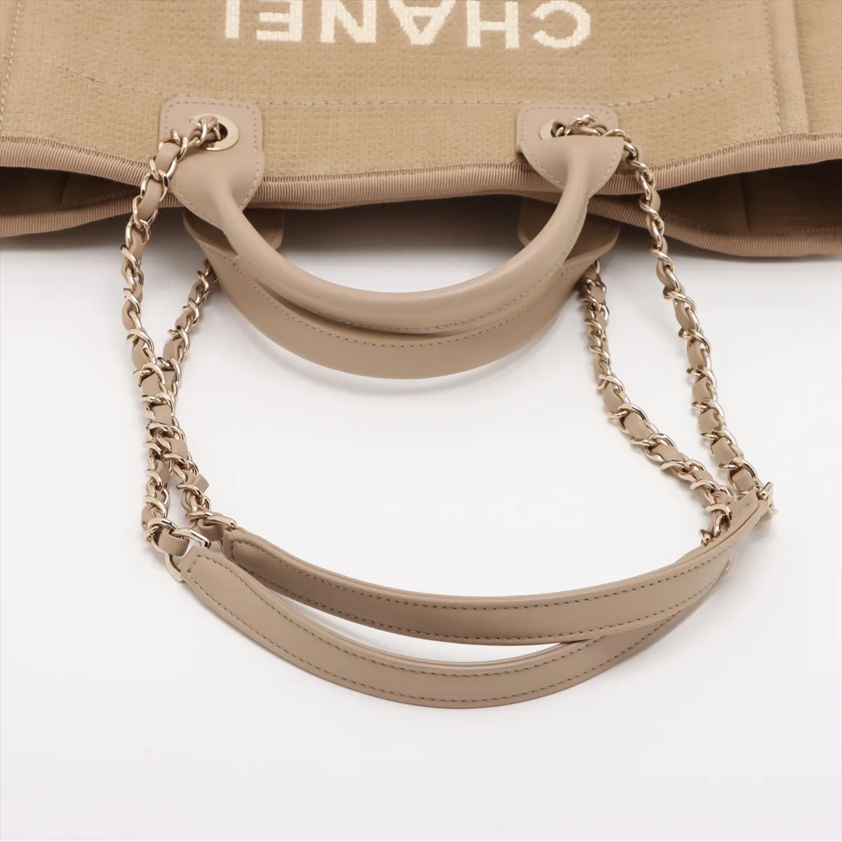 Deauville MM Canvas x Leather 2-Way Tote Bag, Beige, Gold Hardware, XCEEPAGJ, Random Plate — view 5