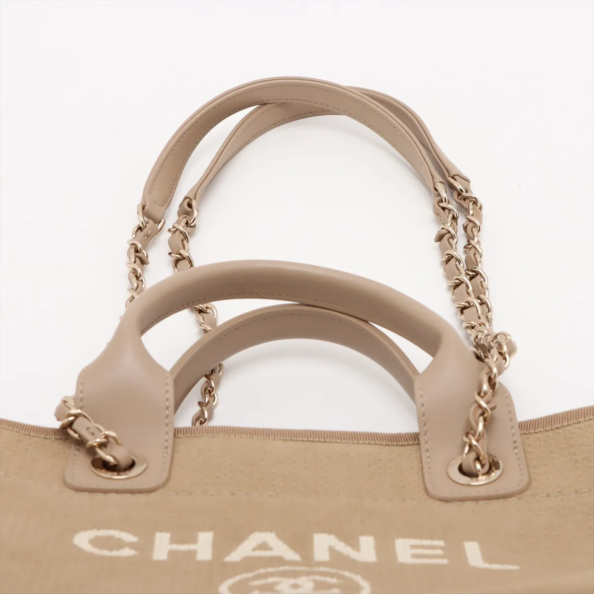 Deauville MM Canvas x Leather 2-Way Tote Bag, Beige, Gold Hardware, XCEEPAGJ, Random Plate — view 6