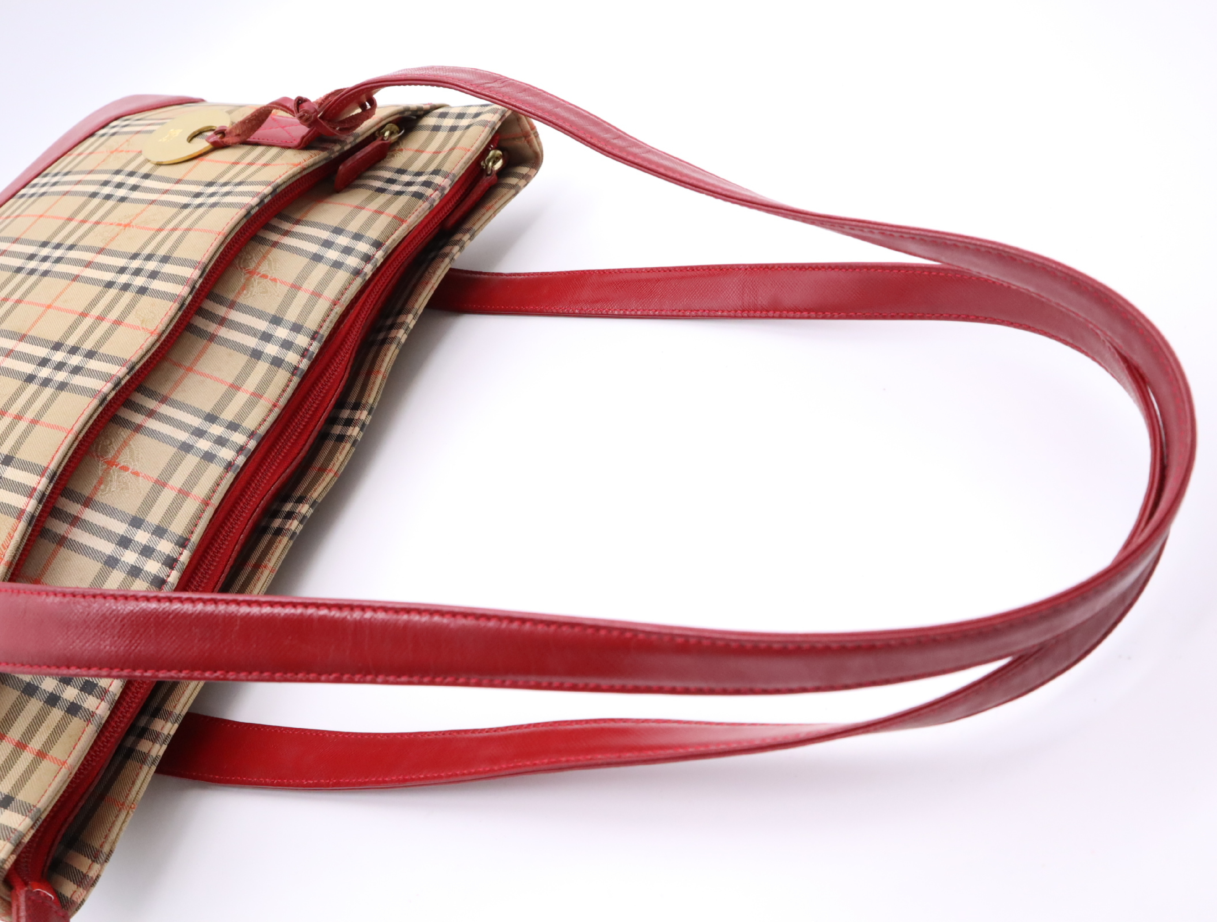 Canvas x Leather Nova Check Tote Bag, Beige/Red, with Charm — view 12