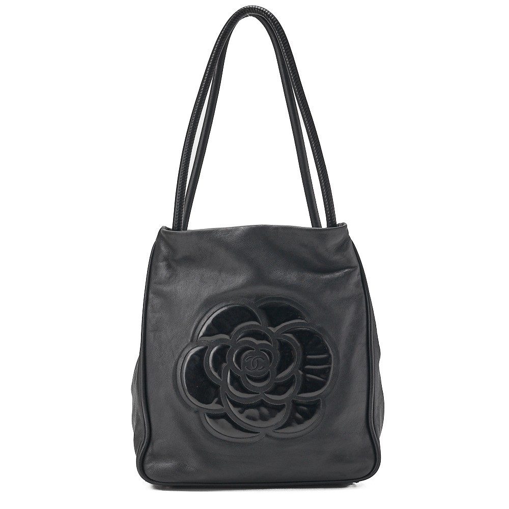 Lambskin Camellia Tote Bag, Black, Silver Hardware