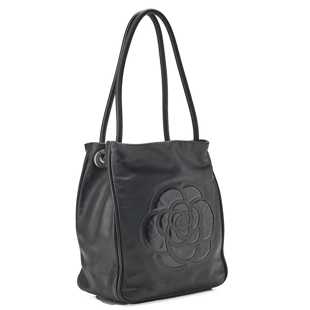 Lambskin Camellia Tote Bag, Black, Silver Hardware — view 3