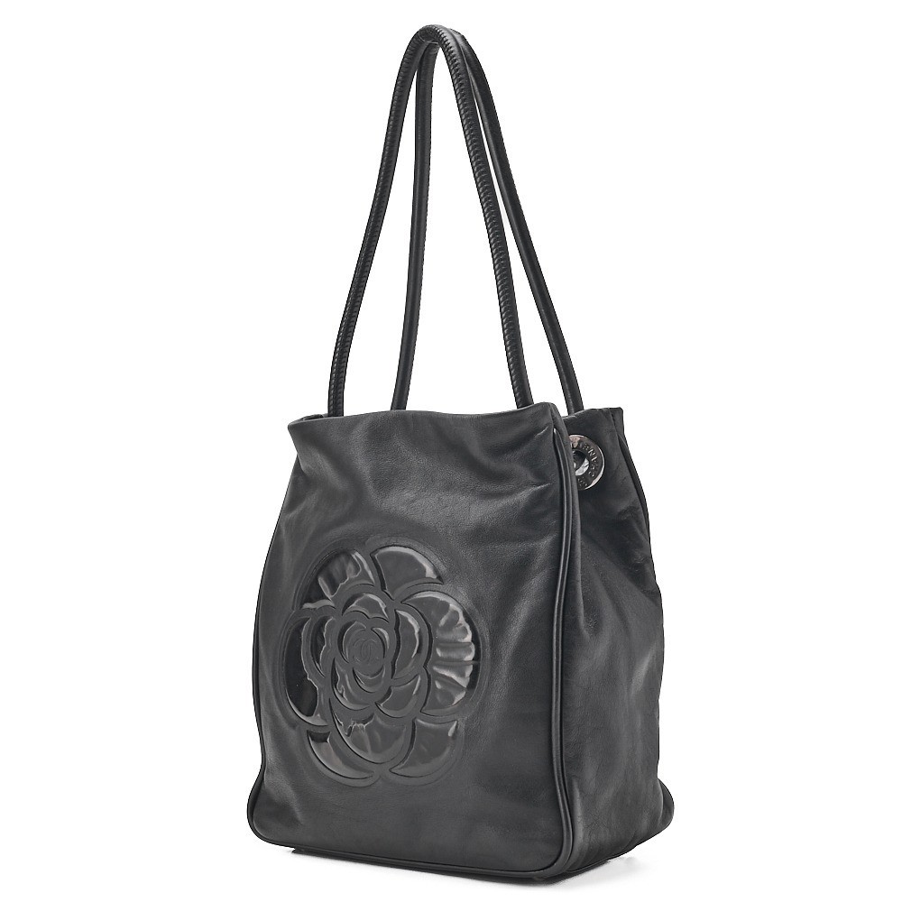 Lambskin Camellia Tote Bag, Black, Silver Hardware — view 4
