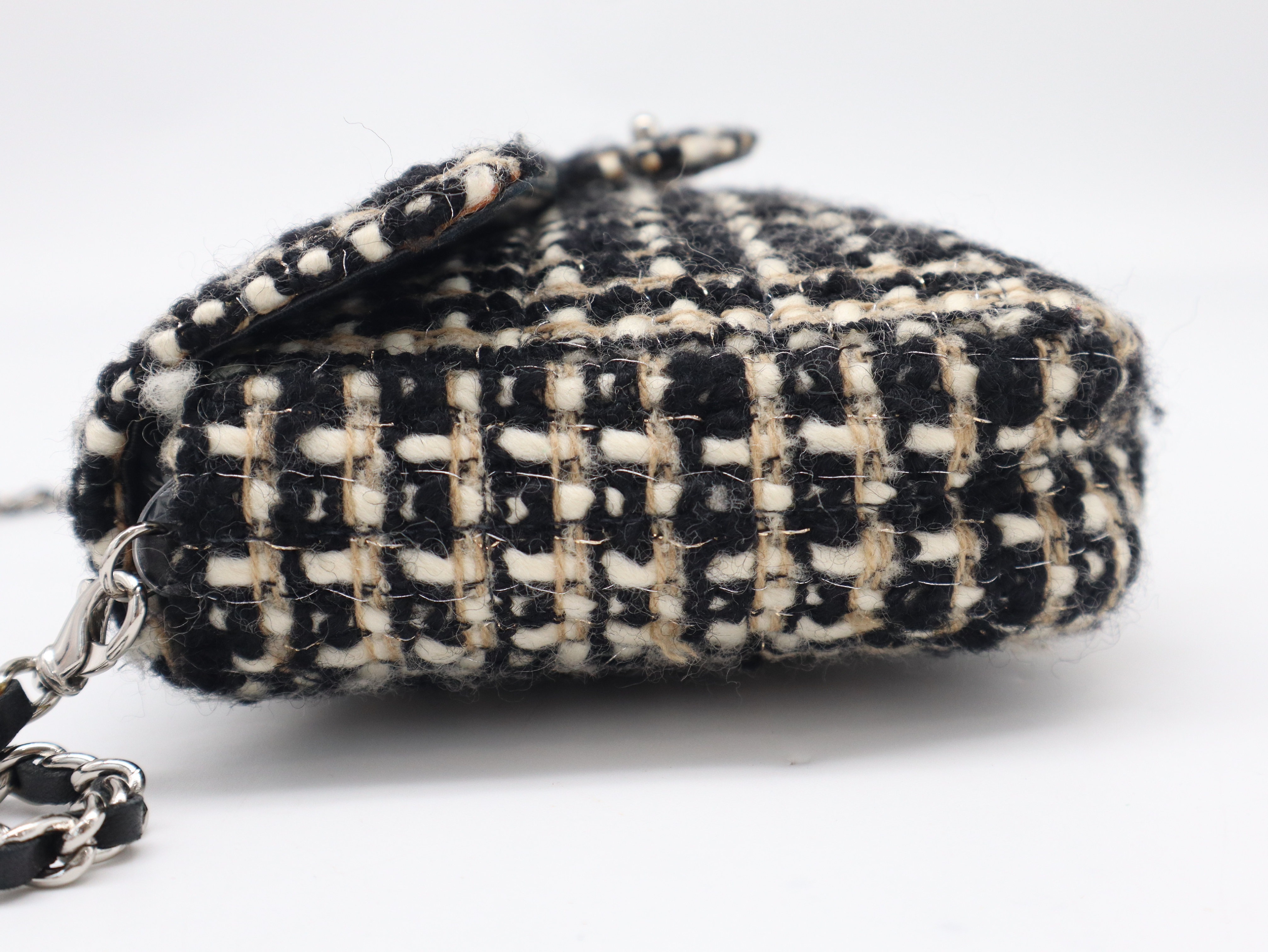 Tweed Chain Shoulder Bag, Silver Hardware, Black x White x Gold, Seal, 7749701 Shoulder Bag — view 3