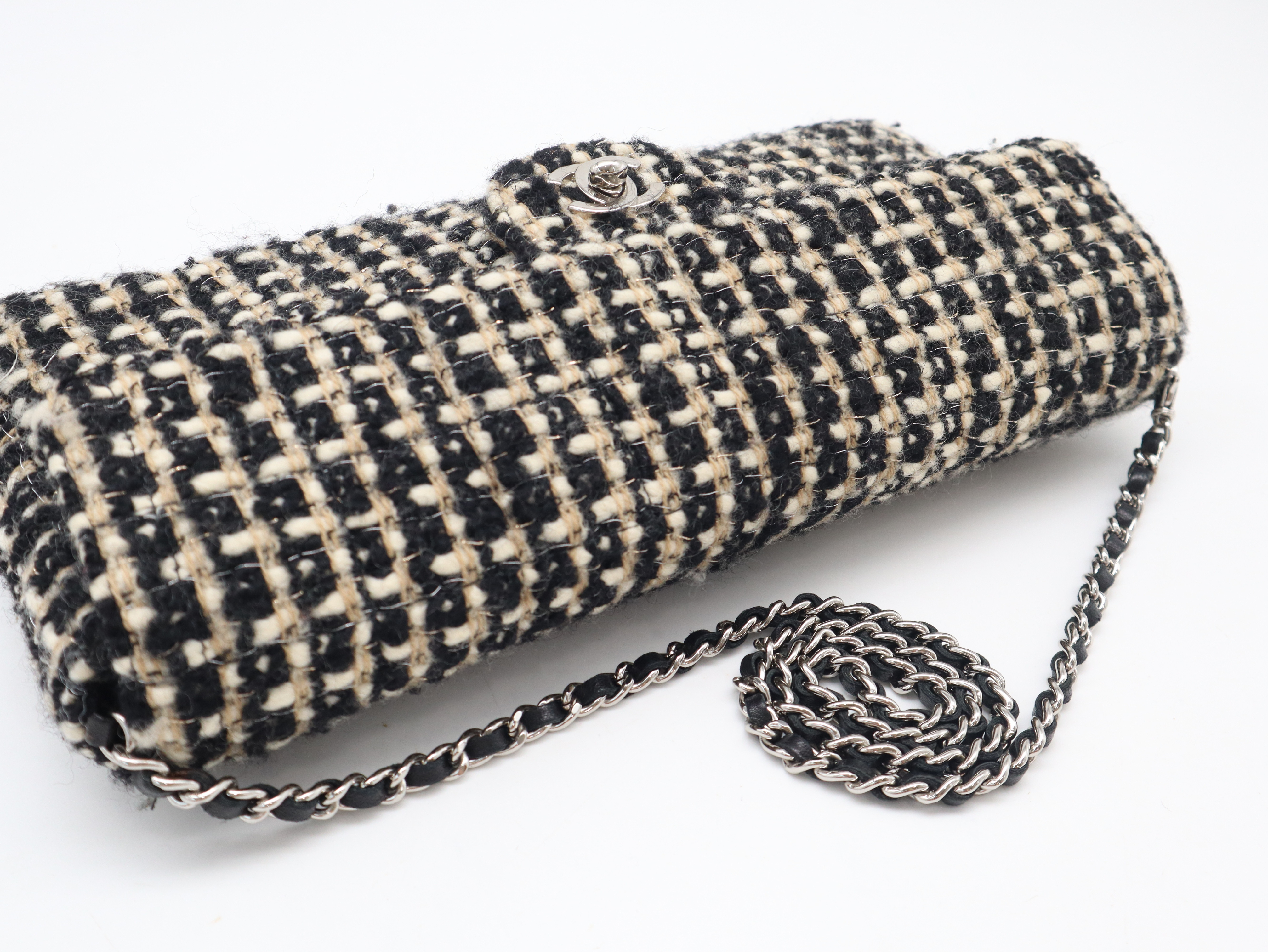Tweed Chain Shoulder Bag, Silver Hardware, Black x White x Gold, Seal, 7749701 Shoulder Bag — view 6