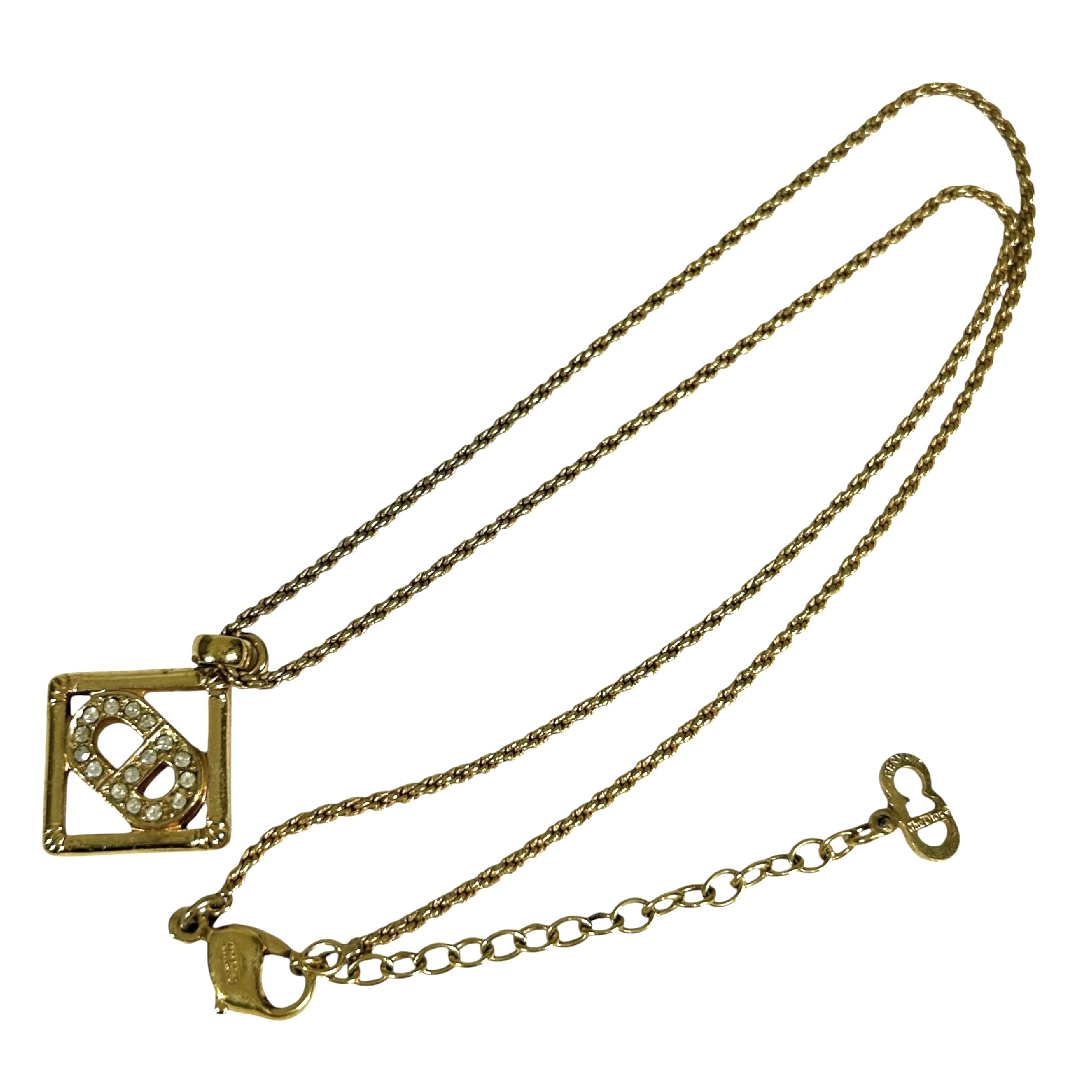 CD logo rhinestone square necklace, 44cm total length, 2cm pendant width, with stones, gold-toned. — view 2