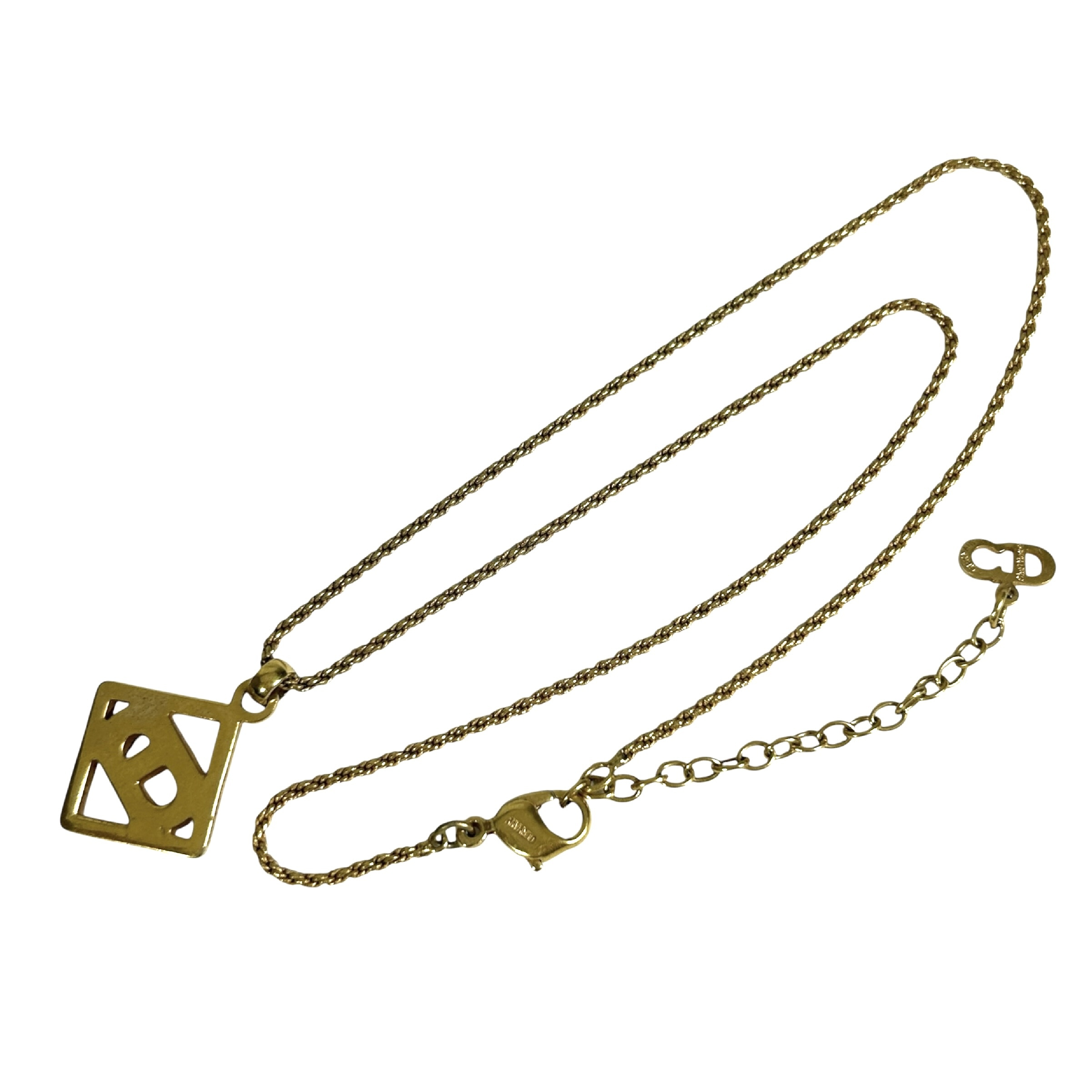 CD logo rhinestone square necklace, 44cm total length, 2cm pendant width, with stones, gold-toned. — view 4