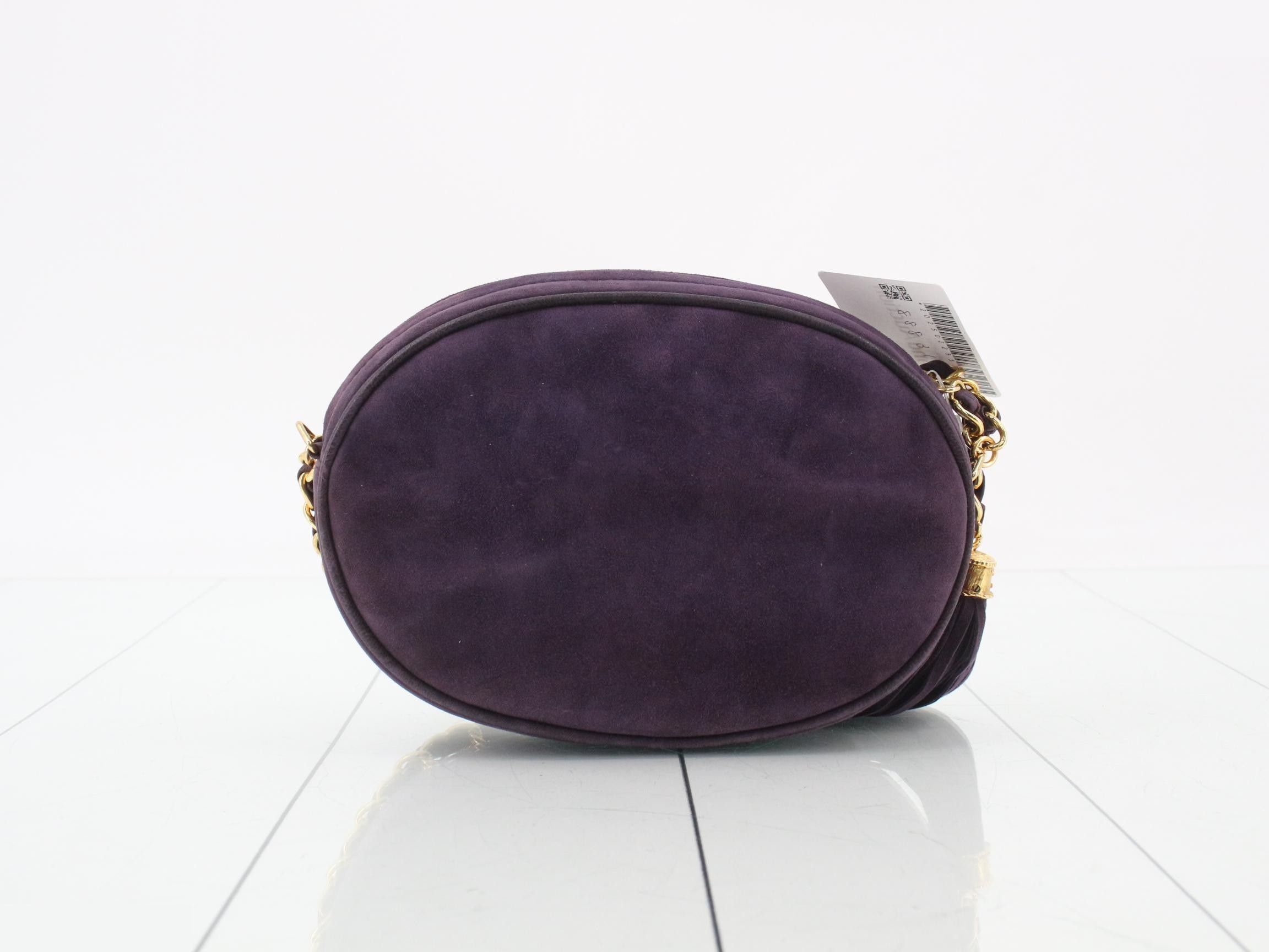 Purple suede fringe Chanel logo chain shoulder bag, model number 1. — view 2