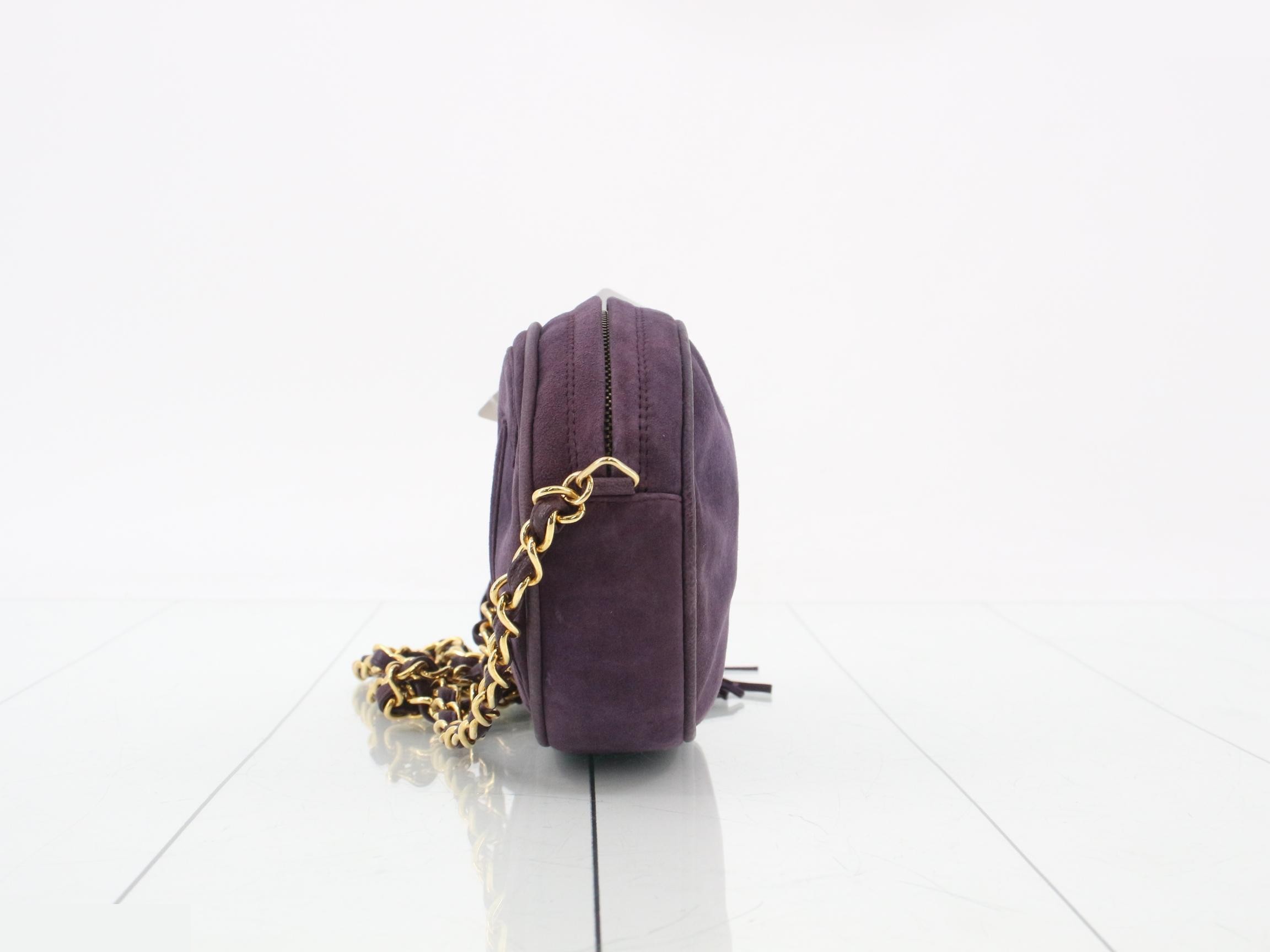 Purple suede fringe Chanel logo chain shoulder bag, model number 1. — view 3