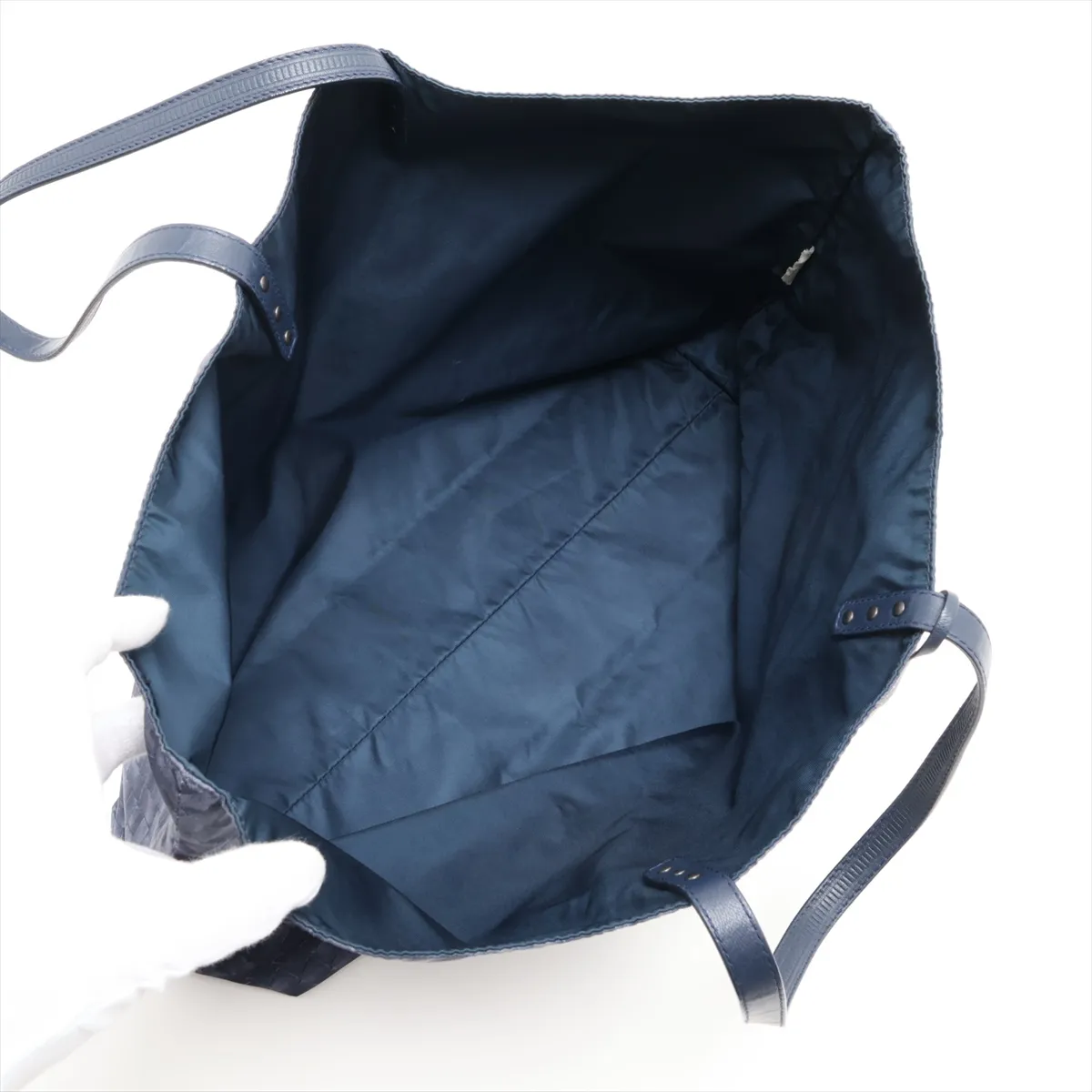 Intrecciato Illusion Nylon x Leather Tote Bag, Blue — view 7