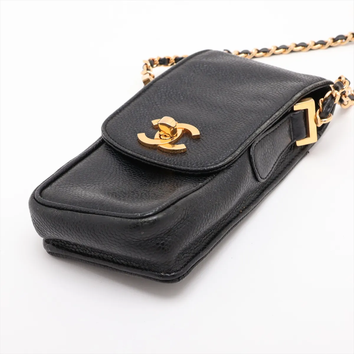 Coco Mark Caviar Skin Chain Shoulder Bag Phone Case Black Gold Hardware — view 4