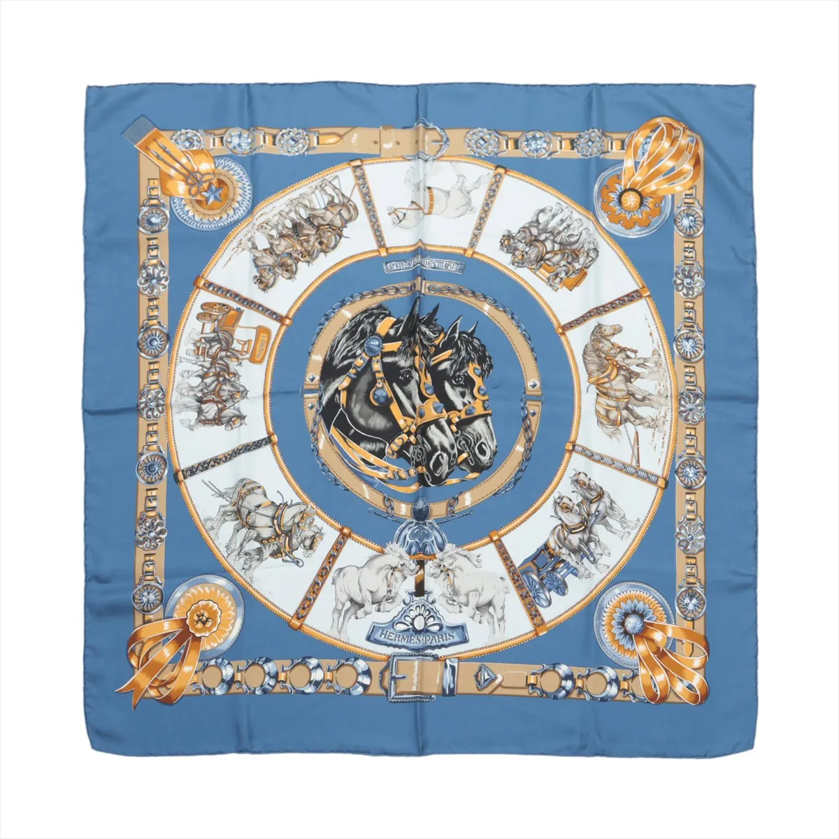 Carre 90 CHEVAUX DE TRAIT (Draft Horse) Scarf, Silk, Blue. Some wear, snags,
