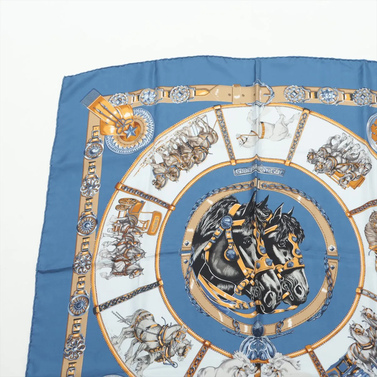 Carre 90 CHEVAUX DE TRAIT (Draft Horse) Scarf, Silk, Blue. Some wear, snags, — view 2